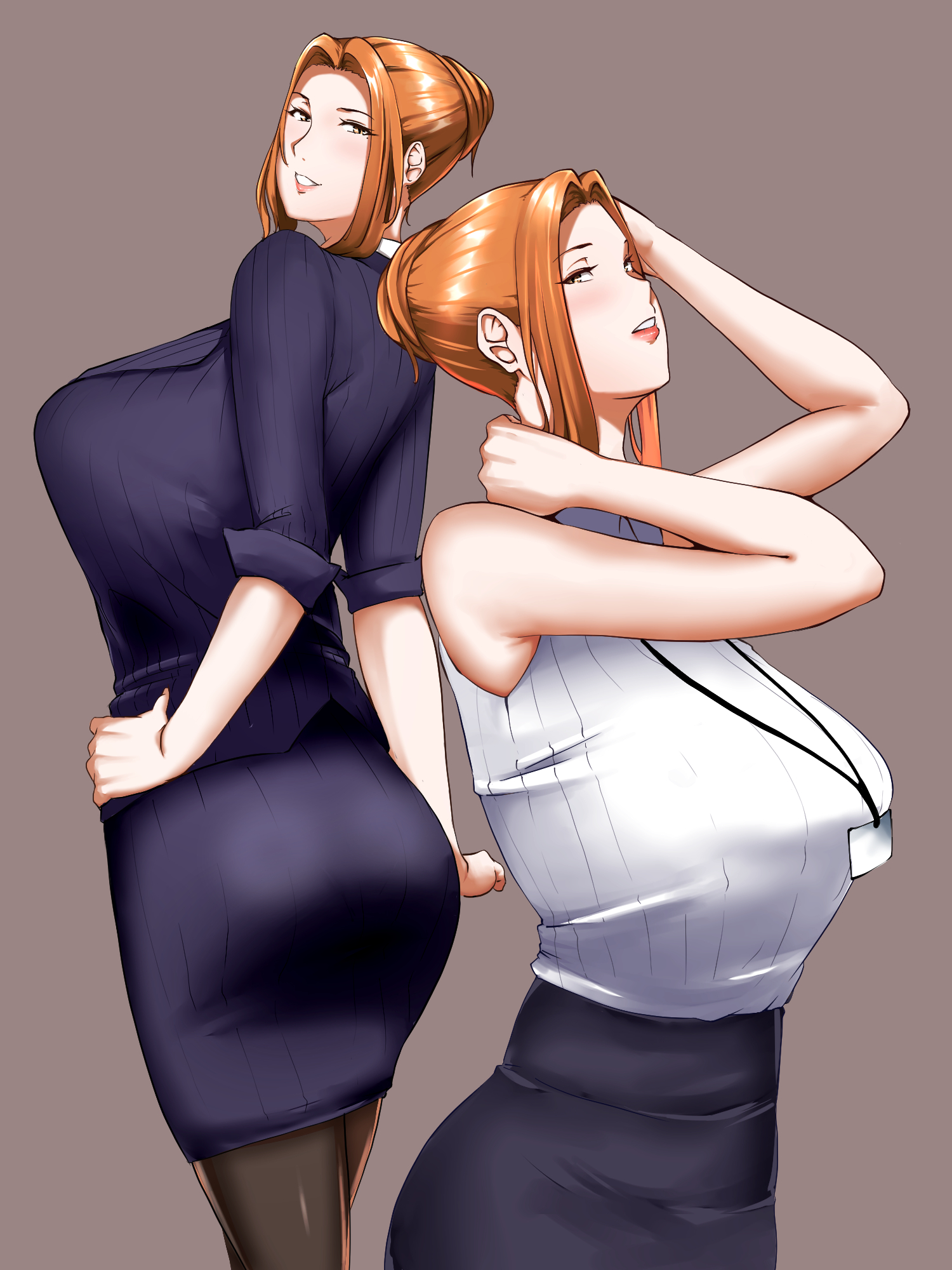 1girls, alternate version available, ass, blush, brown hair, clothing, female, female only, hair, hand on hip, legwear, lips, mature, mature female, milf, miniskirt, mother, neckwear, nypaon, office lady, pencil skirt, shirt, skirt, smile, solo, solo female, tachibana kyouka, tachibana-san-chi no dansei jijou, white shirt