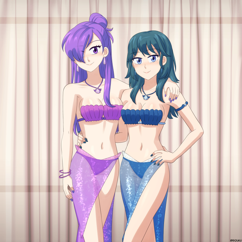 2girls alternate_costume bikini blue_bikini blue_swimsuit breasts byleth_(fire_emblem) byleth_(fire_emblem)_(female) caren_(mermaid_melody_pichi_pichi_pitch) caren_(mermaid_melody_pichi_pichi_pitch)_(cosplay) cosplay crossover female female_only fire_emblem fire_emblem:_three_houses fire_emblem_warriors:_three_hopes looking_at_viewer mermaid_melody_pichi_pichi_pitch nintendo noel_(mermaid_melody_pichi_pichi_pitch)_(cosplay) purple_bikini purple_swimsuit riouku sarong see-through shell_bikini shez_(female)_(fire_emblem) shez_(fire_emblem) swimsuit