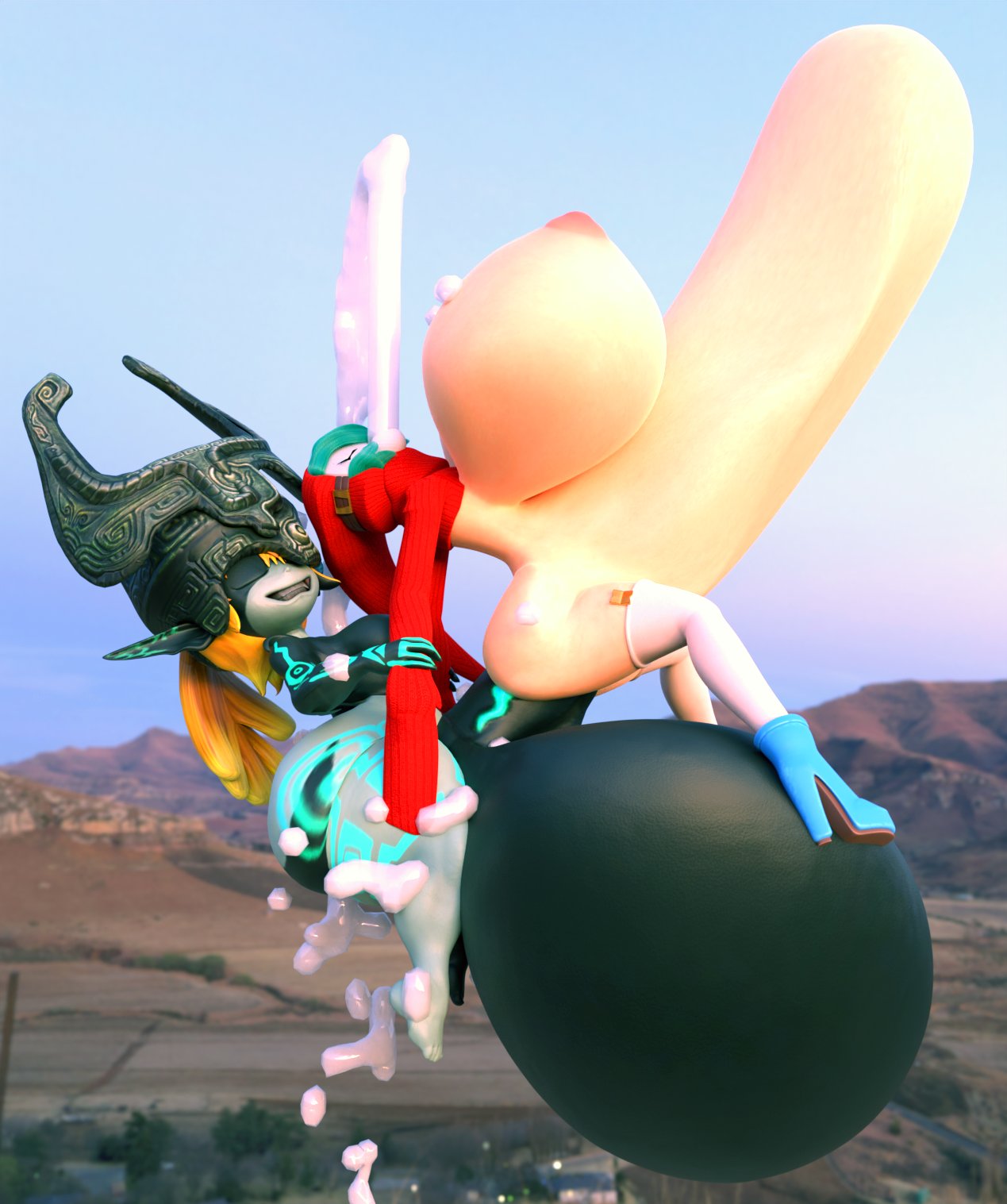 1futa, 1girls, 3d, 3d (artwork), ass, balls, barefoot, black skin, blender, blonde hair, breasts, crossover, cum, cum in ass, cum inside, cum through, dark skin, dark-skinned futa, deep penetration, female, futa on female, futanari, green hair, hair over one eye, high heels, huge ass, huge balls, huge breasts, huge cock, hyper, hyper balls, hyper breasts, hyper penetration, hyper penis, hyper stomach bulge, imp midna, intersex, light skin, light-skinned female, mario (series), midna, nintendo, penetration, penis, rape, rape face, red eyes, sex, shocking (artist), shy gal, shy gal red, stomach bulge, surprise buttsex, tagme, the legend of zelda, thick thighs, twilight princess, vomiting cum, vomiting futa cum
