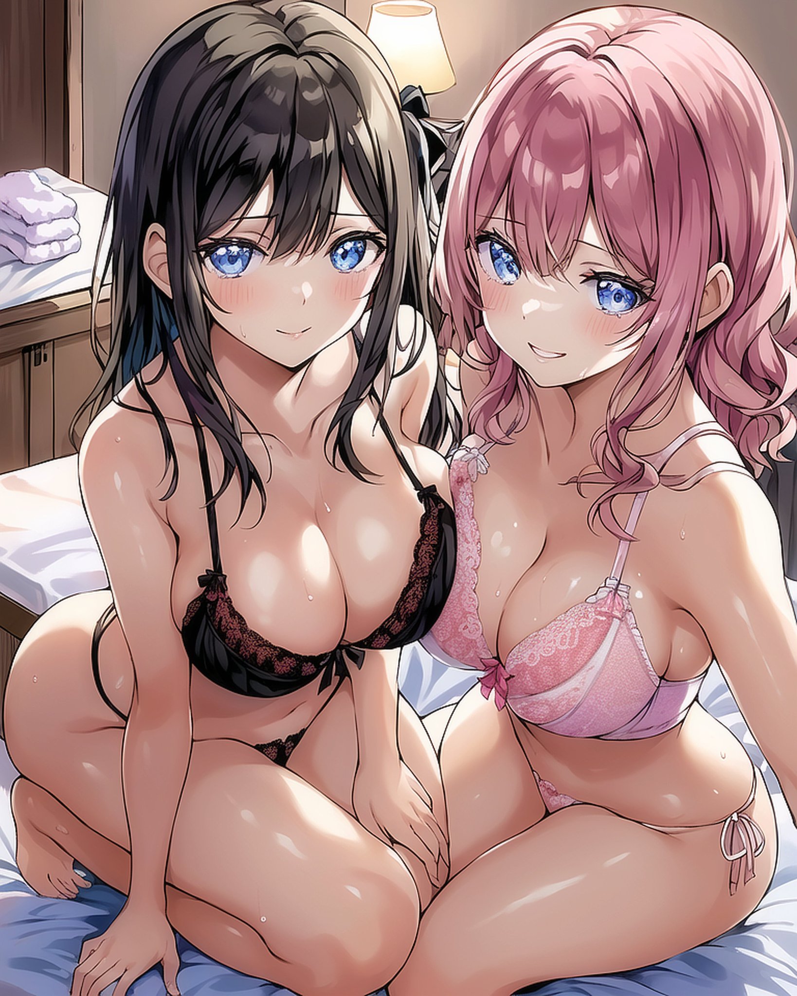 2girls, ai generated, black bra, black hair, bra, female, female only, high resolution, highres, lingerie, long hair, looking at viewer, multiple females, multiple girls, nai diffusion, on bed, original, pink bra, pink hair, seductive look, seiza, shiny skin, stable diffusion