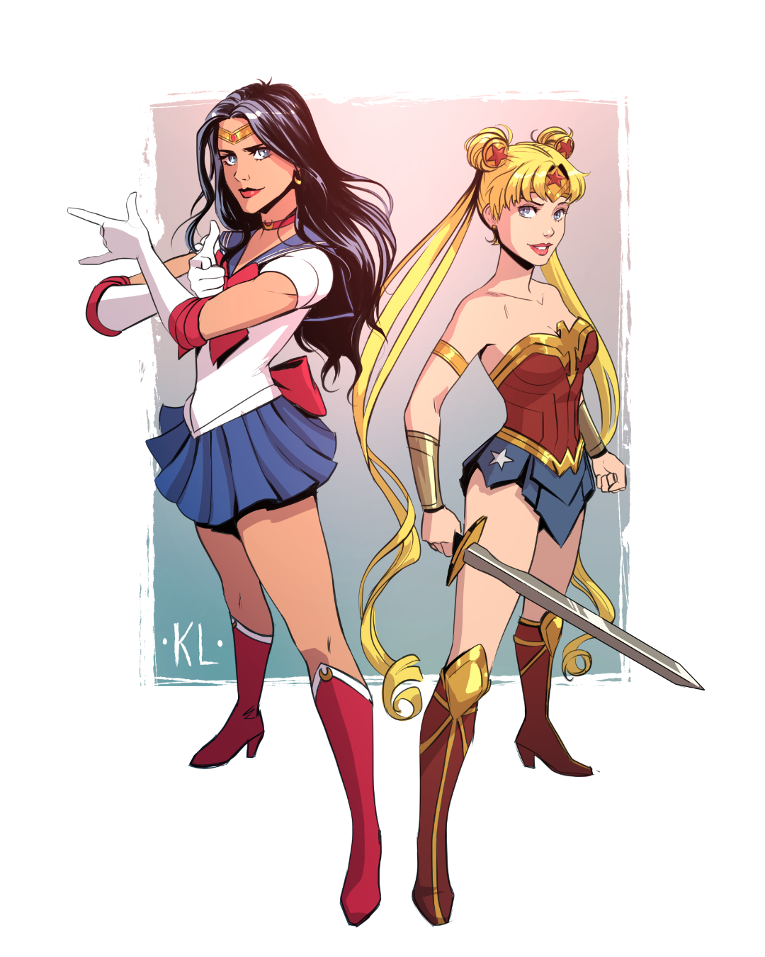 2girls, bishoujo senshi sailor moon, black hair, blonde hair, blue eyes, boots, breasts, clothed, clothed female, clothes swap, clothing, clothing swap, cosplay, costume switch, crossover, dc, dc comics, diana prince, eastern and western character, female, female only, fully clothed, gloves, kath lobo, looking at viewer, sailor moon, sailor moon (cosplay), skirt, small breasts, straight hair, superheroine, sword, tagme, usagi tsukino, white gloves, wonder woman, wonder woman (cosplay), wonder woman (series)