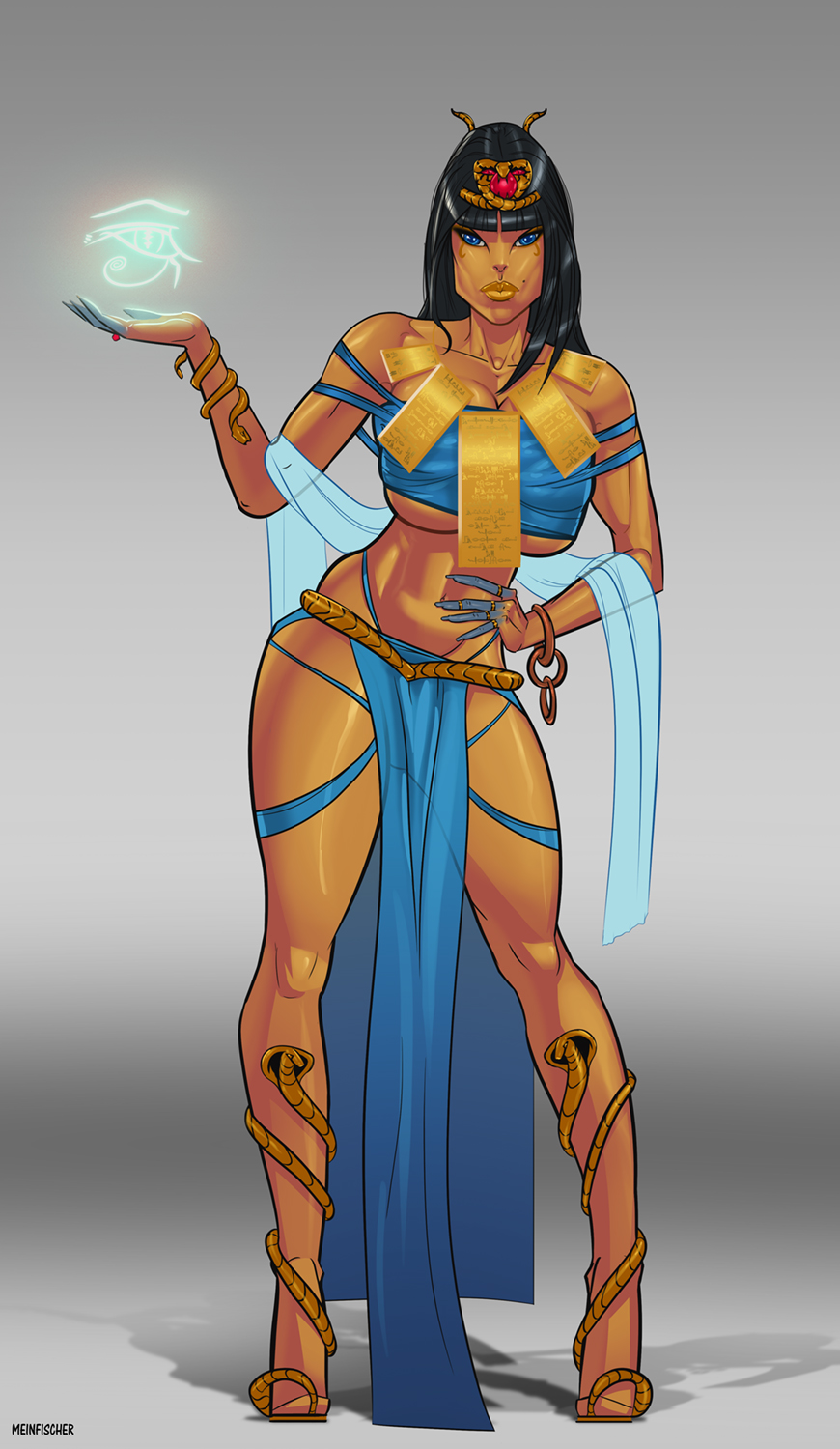 1girls, ass, big ass, big breasts, black hair, blue eyes, breasts, brown skin, dark skin, dark-skinned female, egyptian, egyptian female, female, full lips, goddess, headdress, hourglass figure, looking at viewer, mature female, meinfischer, olive skin, original, slim waist, thick thighs, wide hips