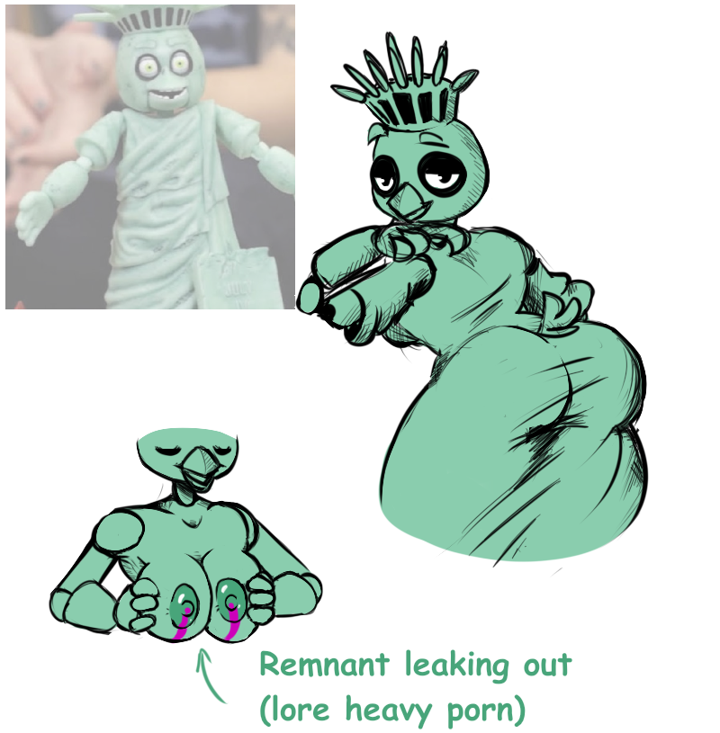 anthro avian beak bird breasts chica_(fnaf) chicken exposed_breasts female five_nights_at_freddy's galliform gallus_(genus) green_body green_skin liberty_chica mevka_(artist) milk milk_leaking nightmare_waifu nipples non-mammal_breasts non-mammal_nipples phasianid public_domain scottgames sculpture solo statue statue_of_liberty text video_games