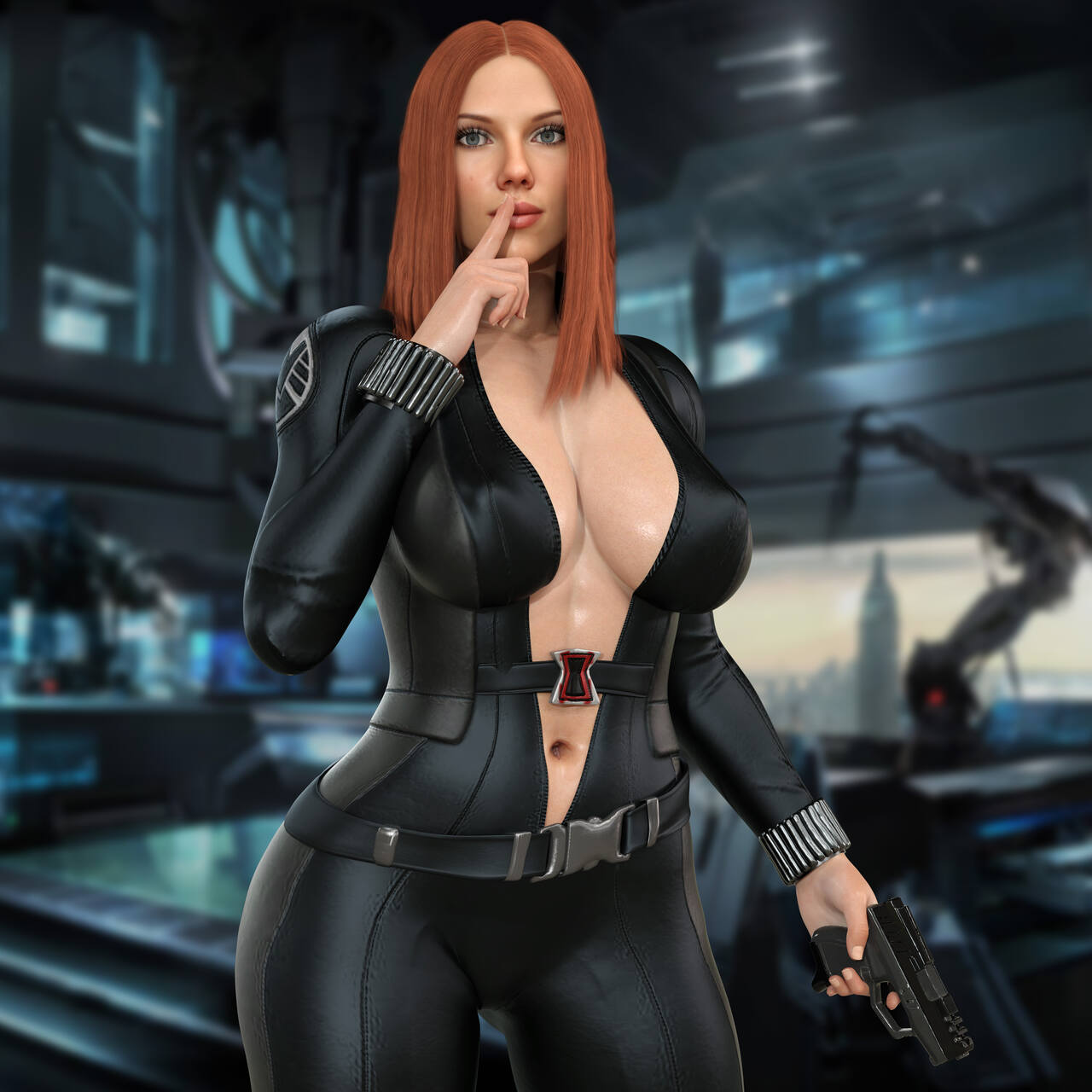1girls, 3d, big breasts, black widow (marvel), bodysuit, breasts, cleavage, female, female only, human, human only, light skin, light-skinned female, marvel, marvel cinematic universe, marvel comics, natasha romanoff, nordfantasy, nude, s.h.i.e.l.d., scarlett johansson, solo, solo female, straight hair, tagme, unzipped, unzipped bodysuit