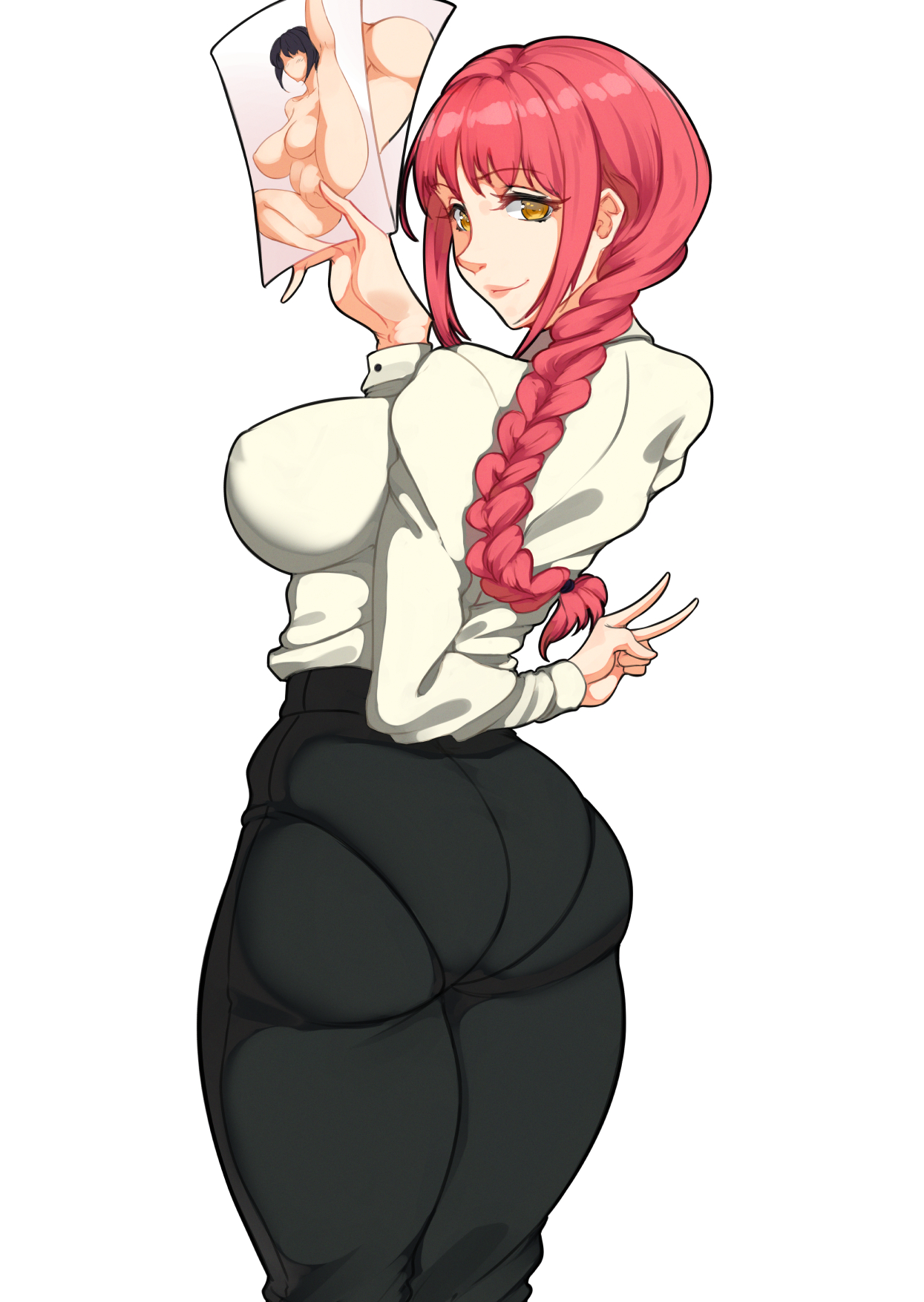 1girls, 47 hard, ass, ass focus, big ass, big breasts, black pants, bottomwear, braid, breasts, chainsaw man, clothing, female, female only, holding object, holding photo, huge ass, makima (chainsaw man), pants, pantylines, red hair, shirt, smile, solo, solo focus, topwear, white shirt, yellow eyes