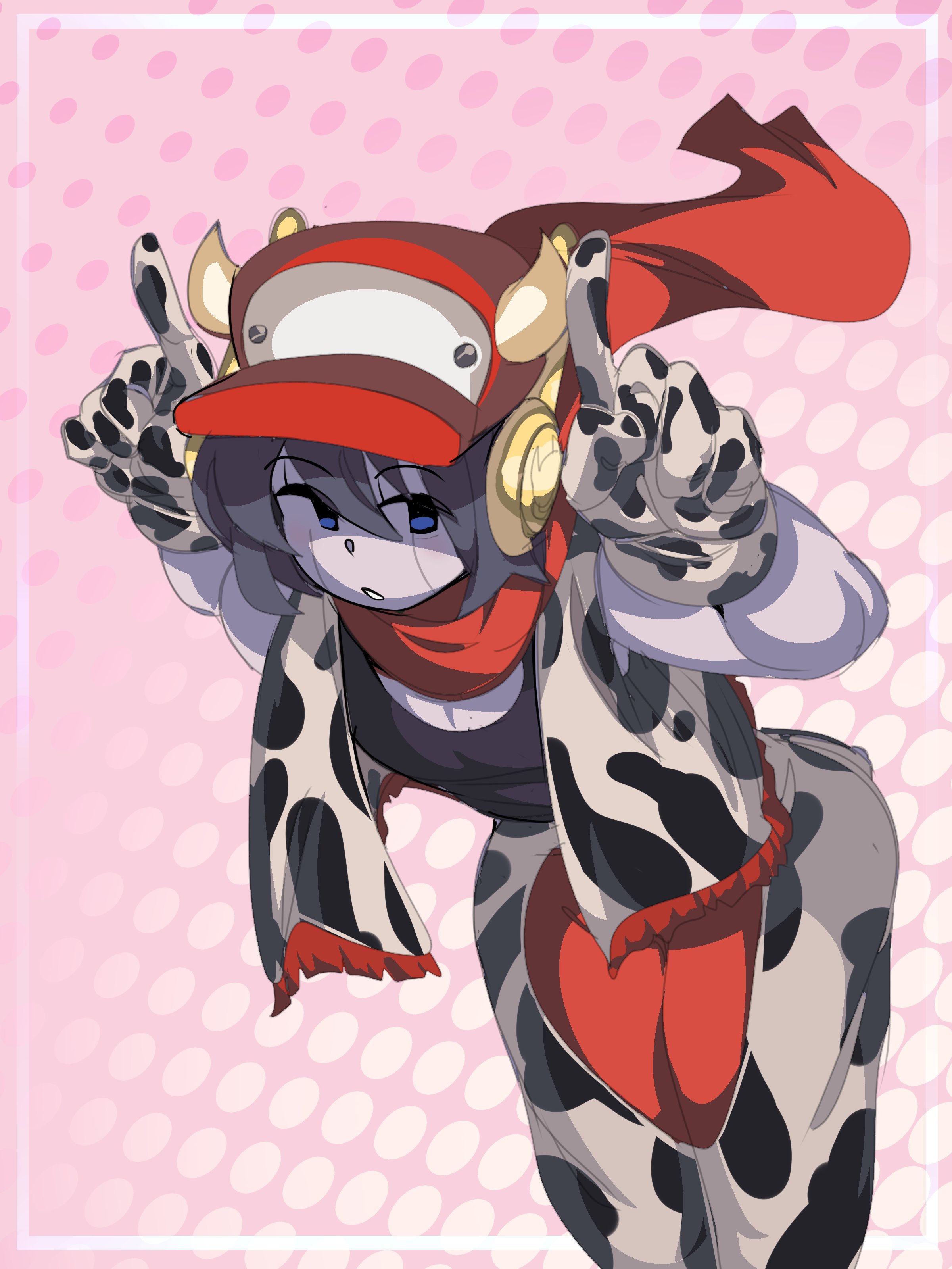 1boy, 2023, captain kirb, captain kirb (sfw), cave story, clothed, cow boy, cow horns, cow print, femboy, feminine male, male, male focus, male only, mob face, pose, quote (cave story), robot, scarf, solo, solo male, video games