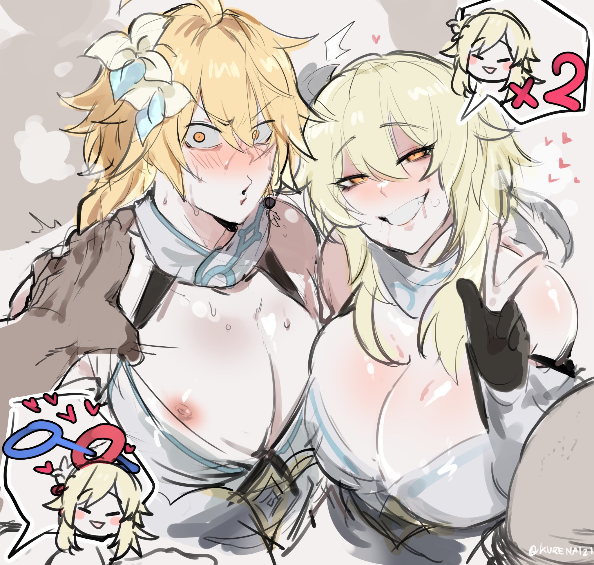 1boy, 1girls, aether (genshin impact), alternate breast size, alternate costume, bare shoulders, bisexual, bisexual male, blonde hair, blush, both genders, both sexes in same situation, breasts, crossdressing, disembodied hand, female, fingerless gloves, flower, genshin impact, hair ornament, heart, hoyoverse, imminent sex, kurenaiz1, large breasts, light skin, lumine (genshin impact), male, male and female subs, mihoyo, nervous, nipple slip, orange eyes, peace sign, pink nipples, siblings, smile, sweat, thought bubble, upper body