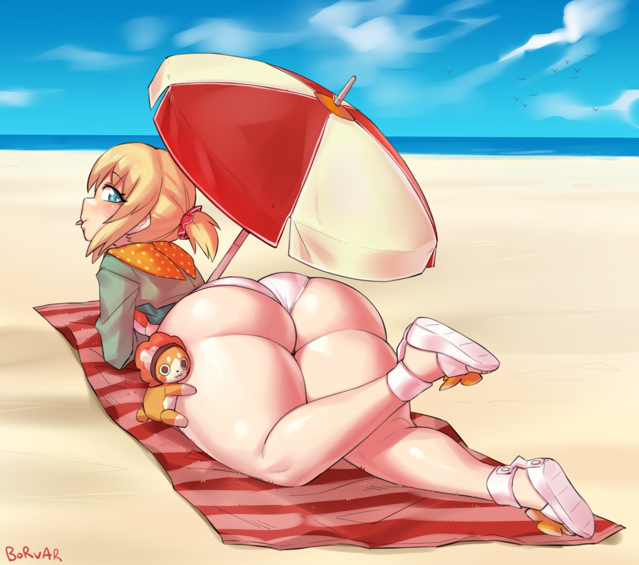 1girls, ass, back view, beach, big ass, borvar, bubble ass, bubble butt, character request, female, original, original character, thick ass, thick thighs