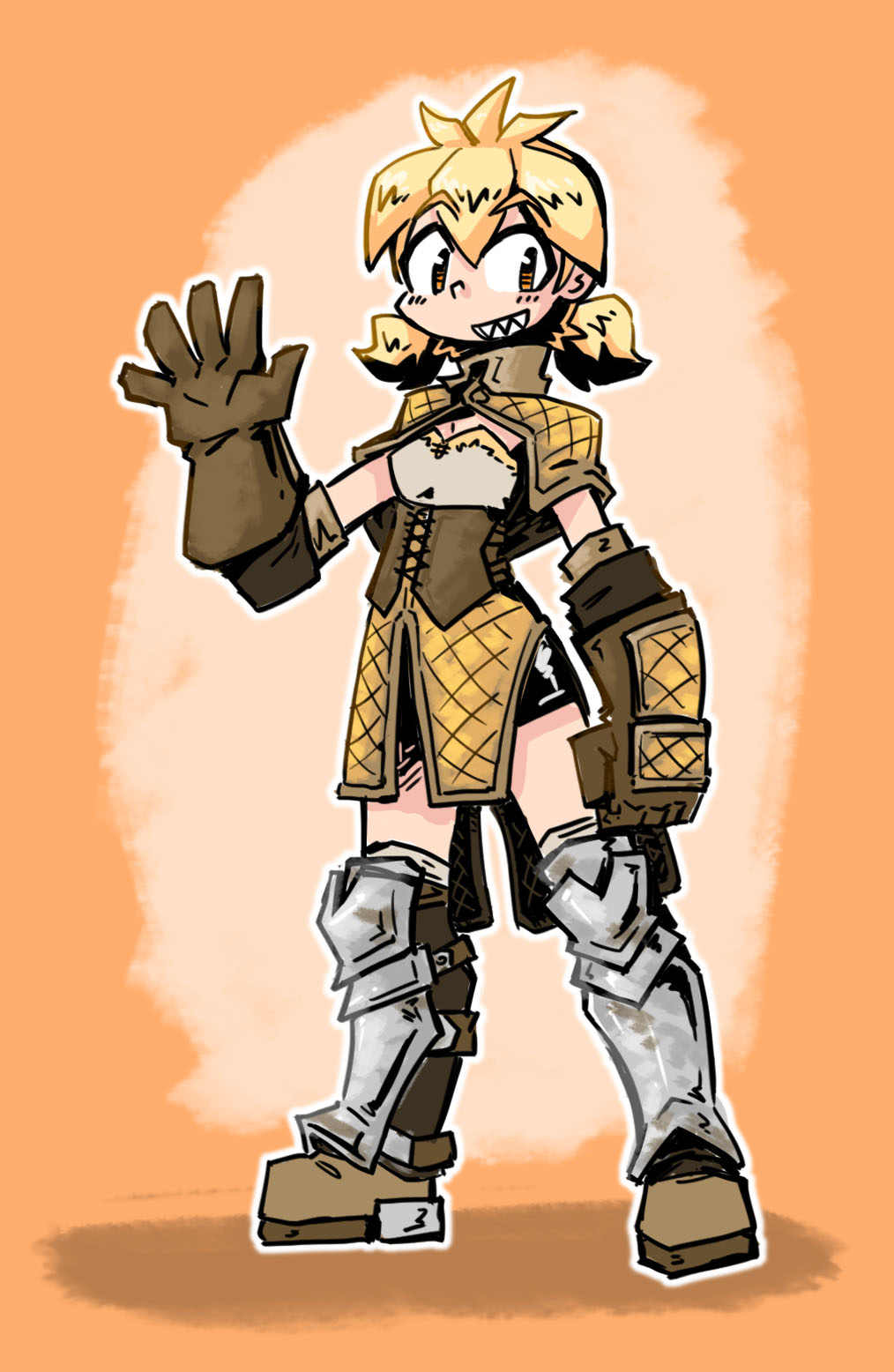 armor brown_eyes eyebrows_visible_through_hair first_sfw_of_character gloves grin grinning hi_res high_quality juztplay klea_(juztplay) leather_gloves looking_at_viewer ponytails safe_for_work sfw simple_background toothy_grin waving waving_at_viewer yellow_hair