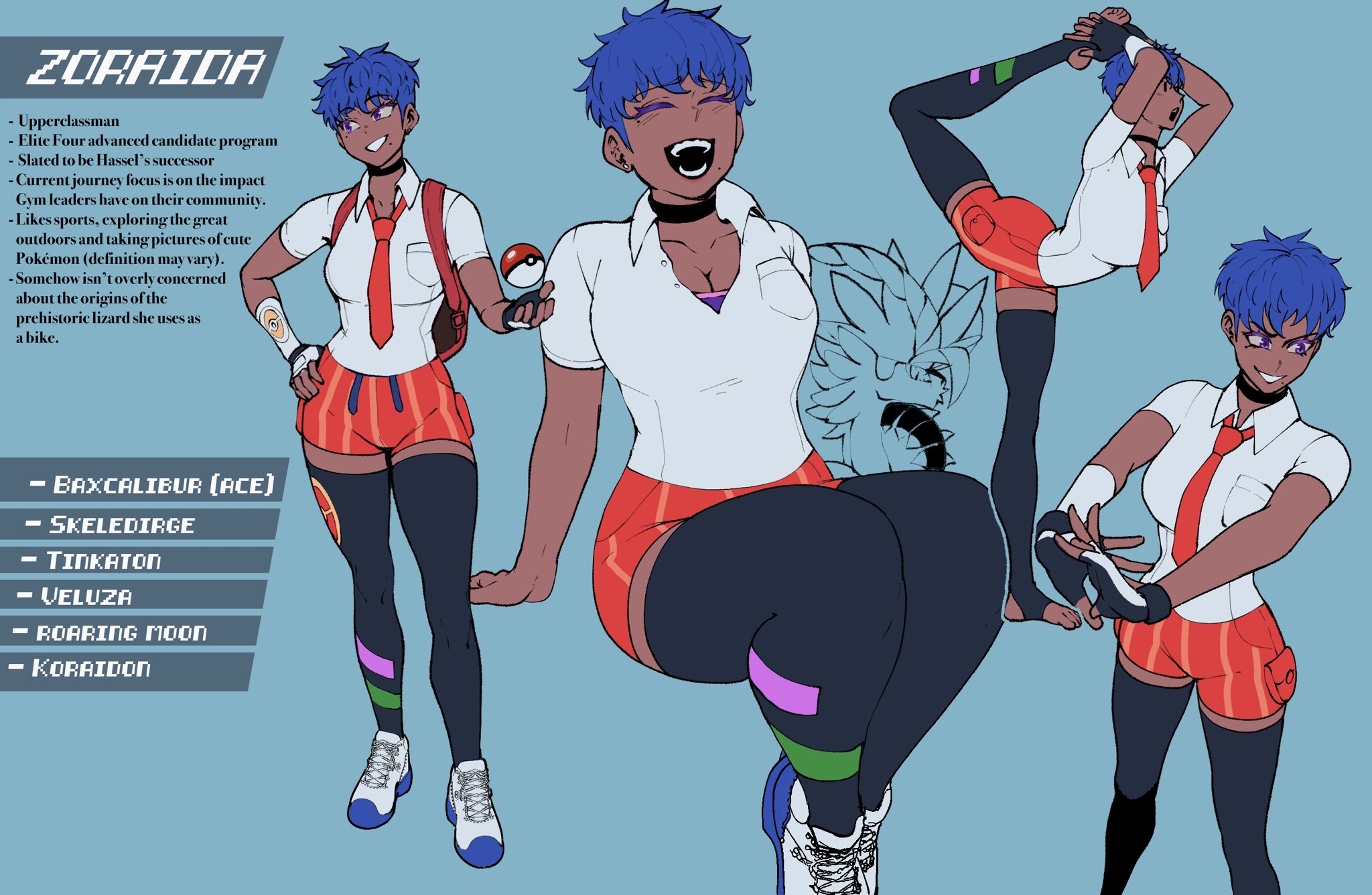 1girls, black background, black choker, black thighhighs, blue hair, character sheet, choker, dark skin, dark-skinned female, english text, female, female only, fingerless gloves, flexible, full body, hi res, juliana (pokemon), mole, mole under eye, mole under mouth, multiple views, necktie, nintendo, orange shorts, original character, pokeball, pokemon, pokemon sv, profile, purple eyes, shirt, short hair, shorts, smile, solo, stirrup legwear, text box, thiccwithaq, thick thighs, thighhighs, tomboy, white shirt, zoraida (nyantcha)