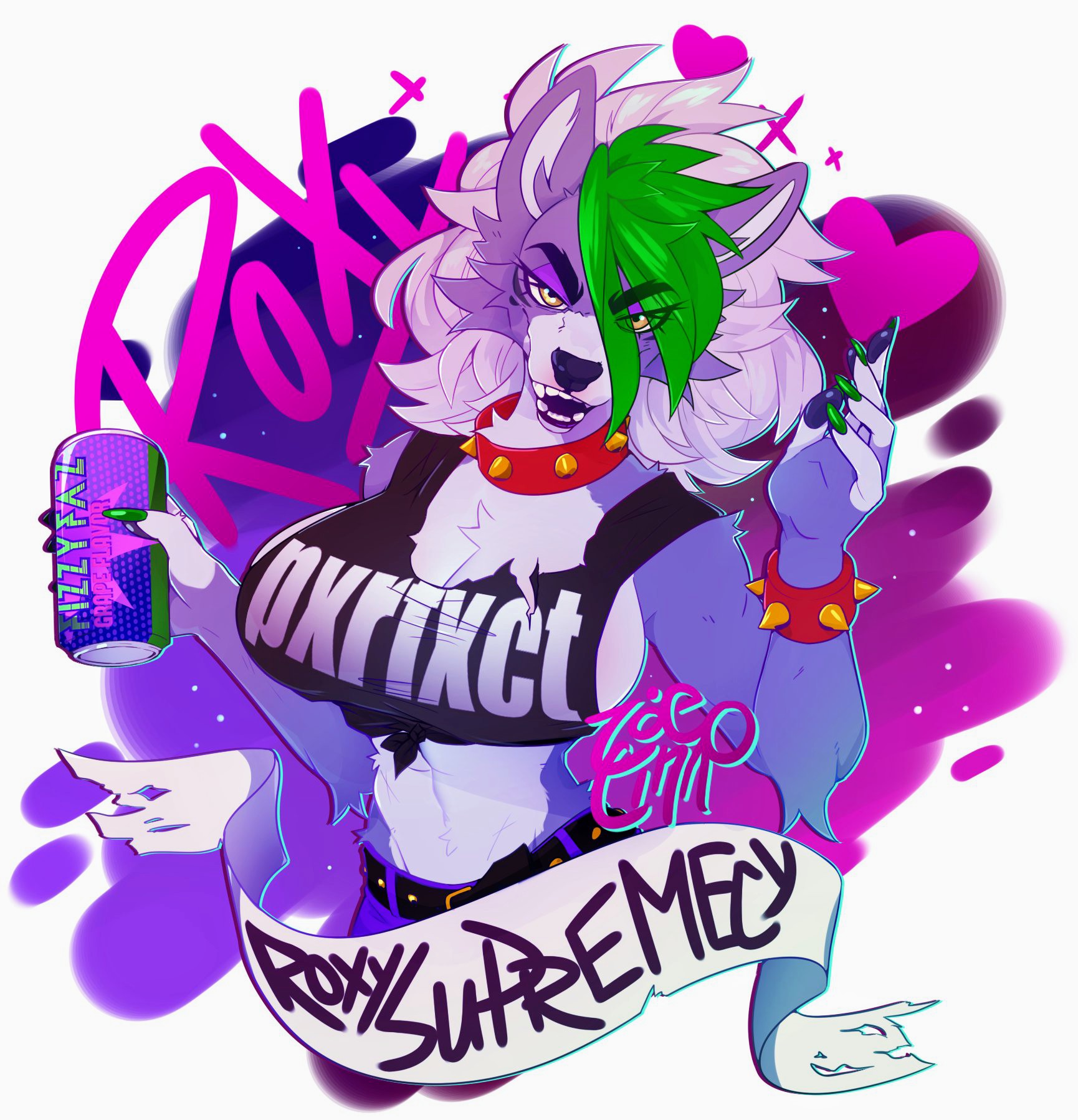 anthro, artist name, breasts, character name, cleavage, english text, fangs, female, five nights at freddy's, five nights at freddy's: security breach, furry, furry female, green hair, grey hair, heart, hearts, long hair, looking at viewer, navel, roxanne wolf (fnaf), solo, spiked bracelet, spiked collar, stripes, teeth, two-tone hair, wolf, wolf ears, wolf girl, zoecinno