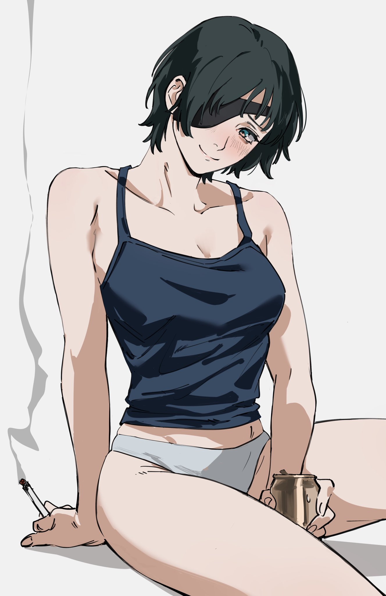 1girls, atheko, beer, beer can, blush, chainsaw man, cigarette, cute, eye patch, female, female only, himeno (chainsaw man), light skin, light-skinned female, looking at viewer, panties, short hair, shounen jump, smile, underwear