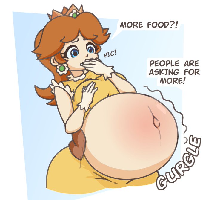 big belly, big breasts, breasts, brown hair, dress, english text, female, mario (series), princess daisy, ripped clothing, steely bird, stuffed, stuffed belly, text