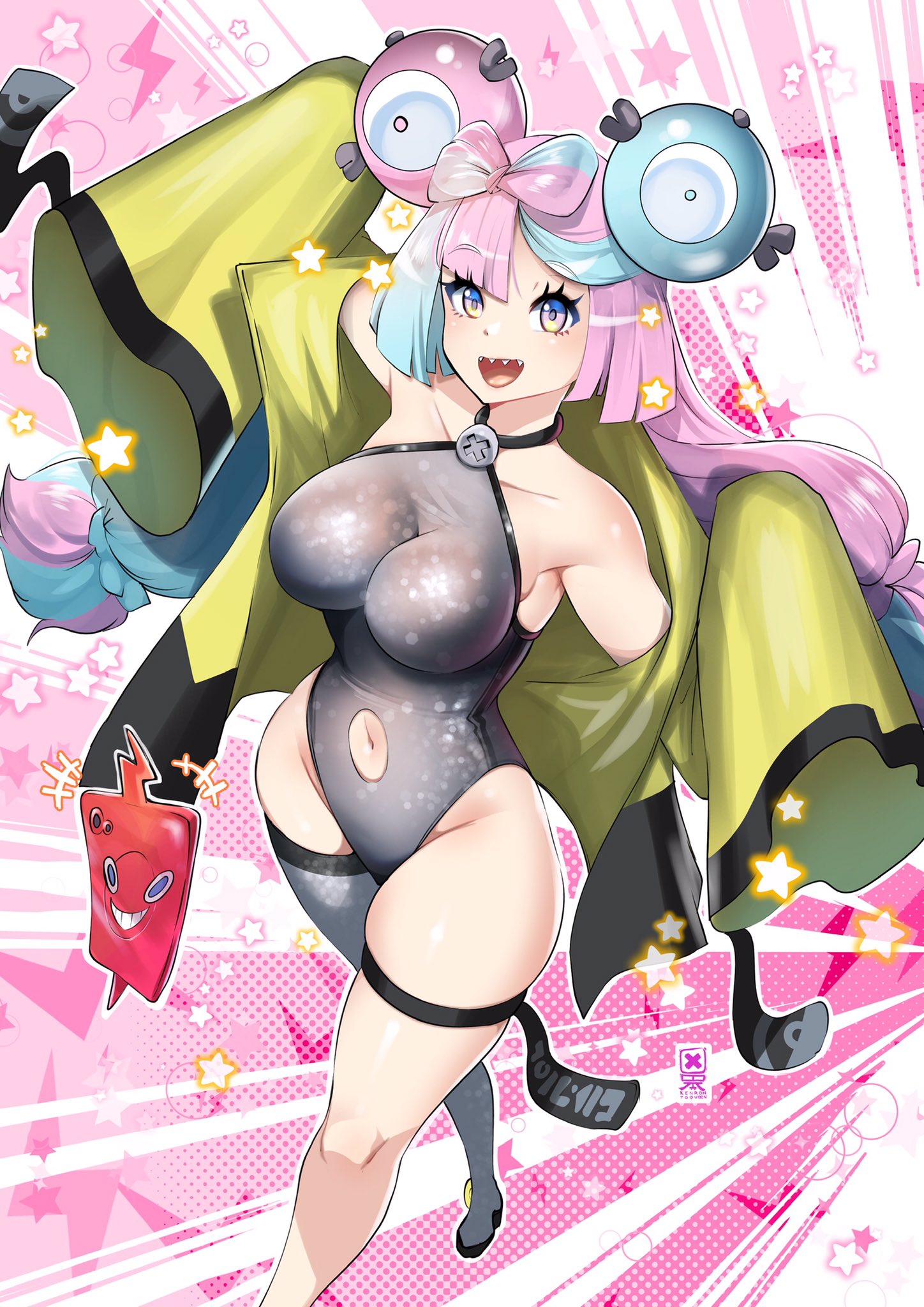 1girls, alternate breast size, blue hair, breasts, female, game freak, gym leader, hair ornament, hi res, highleg swimsuit, hips, iono (pokemon), kenron toqueen, large breasts, light skin, light-skinned female, long hair, long sleeves, nintendo, one-piece swimsuit, pink eyes, pink hair, pointy teeth, pokemon, pokemon sv, rotom, rotom phone, slim waist, swimsuit, thick thighs, thighs, two-tone hair, wide hips