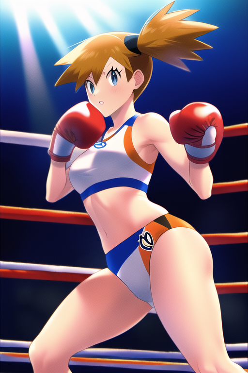 1girls ai_generated blue_eyes boxer boxing boxing_gloves boxing_ring female female_only foxy_boxing gloves kasumi_(pokemon) light-skinned_female light_skin looking_at_viewer midriff nai_diffusion nintendo panties pokemon pokemon_(anime) pokemon_rgby red_boxing_gloves red_gloves solo sports_bikini sports_bra sportswear stable_diffusion thick thick_hips thick_thighs wide_hips