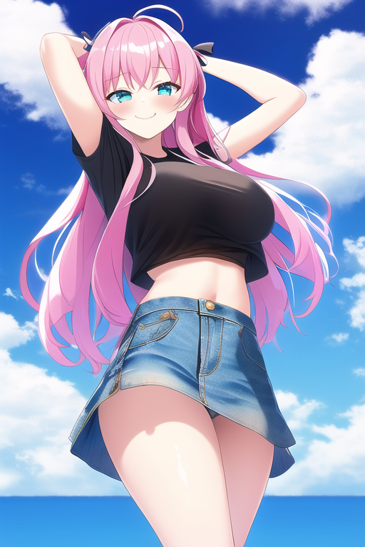 1girls ai_generated aubrey_(omori) blue_eyes blush female female_only long_hair medium_breasts nai_diffusion omori panty_peek pink_hair solo stable_diffusion tagme