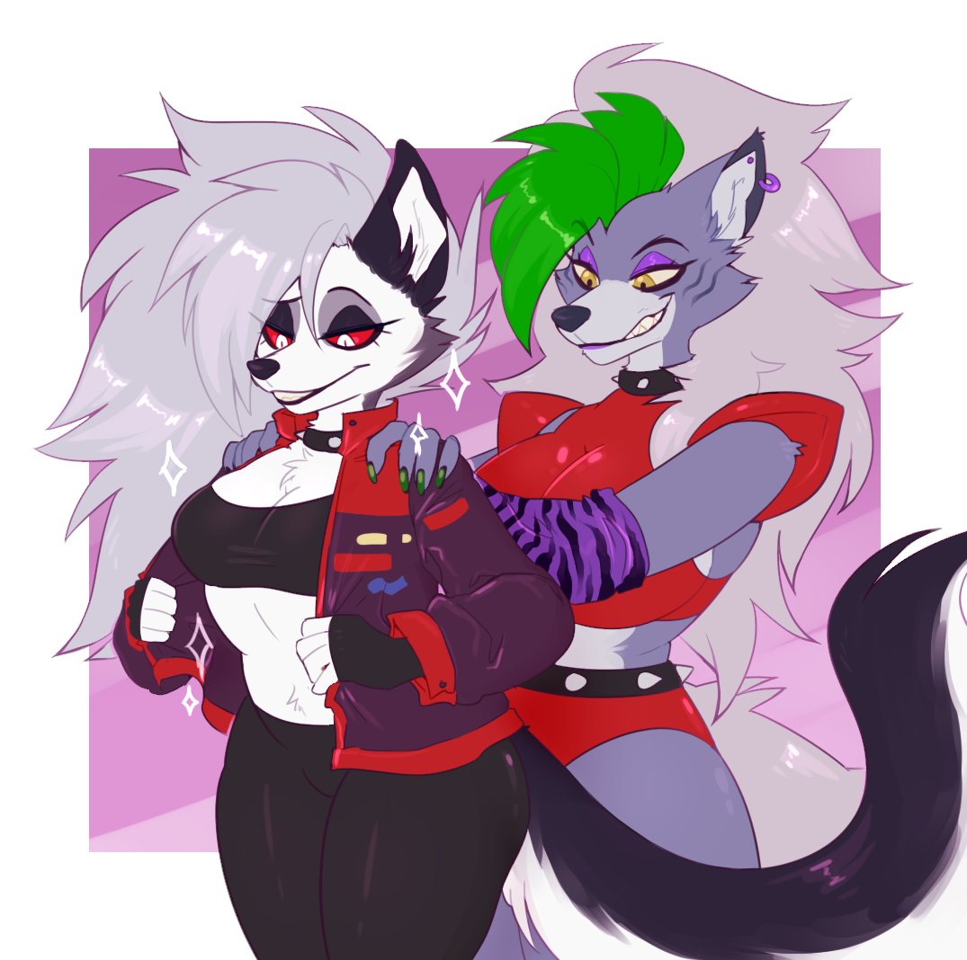 2girls, anthro, ass, breasts, canid, canid demon, canine, canis, cleavage, clothed, clothing, demon, duo, ear piercing, earring, eyeshadow, female, female only, five nights at freddy's, five nights at freddy's: security breach, fur, furry, furry female, furry only, goth, green hair, green nails, grey fur, grey hair, hellhound, helluva boss, jacket, long hair, loona (helluva boss), nail polish, piercing, purple eyeshadow, red sclera, roxanne wolf (fnaf), sharp teeth, smile, spiked collar, stripes, tail, teeth, two-tone hair, white eyes, white fur, white sclera, wolf, wolf ears, wolf girl, wolf tail, zoecinno