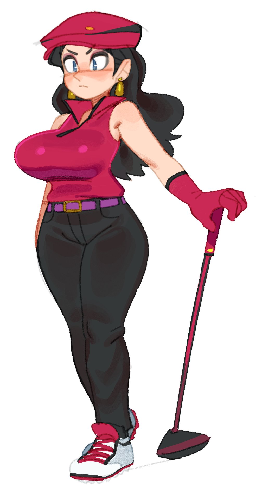 1girls black_hair blue_eyes blush curvy earrings female female_only gloves golf_club golf_outfit jeans mario_(series) mario_golf nintendo pauline solo thick_thighs wamudraws