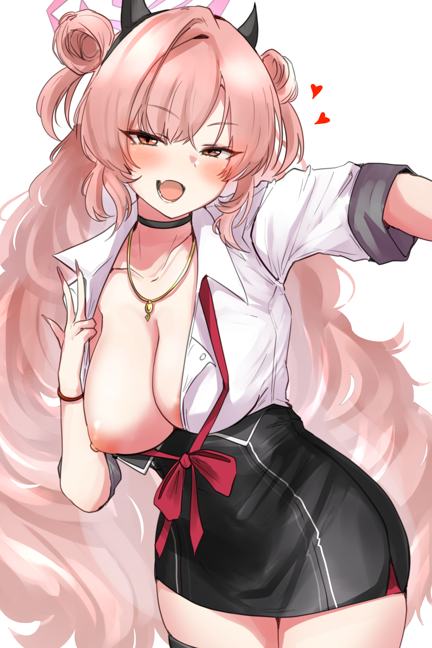1girls, bangs, blue archive, breasts, demon horns, double bun, female, gehenna academy student, hair bun, halo, heart, high-waist skirt, highres, horns, jewelry, kirara (blue archive), kunuyaro jumper, large breasts, light skin, light-skinned female, long hair, machismo fuji, necklace, oerba yun fang, pink hair, school uniform, skin fang, skirt, sparkle club (blue archive), thighhighs, very long hair, white background, yellow eyes, zettai ryouiki