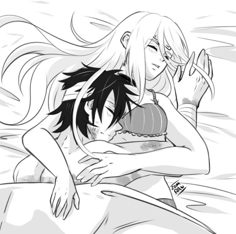 1boy 1girls angels_of_death blanket bra half-dressed issac_foster rachel_gardner satsuriku_no_tenshi sleeping straight