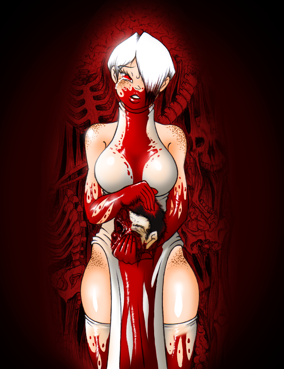 blood blood_splatter cannibalism clothed covered_breastsfreckles decapitated_head galejro gore nisha(galejro) short_hair sketch stockings vampire