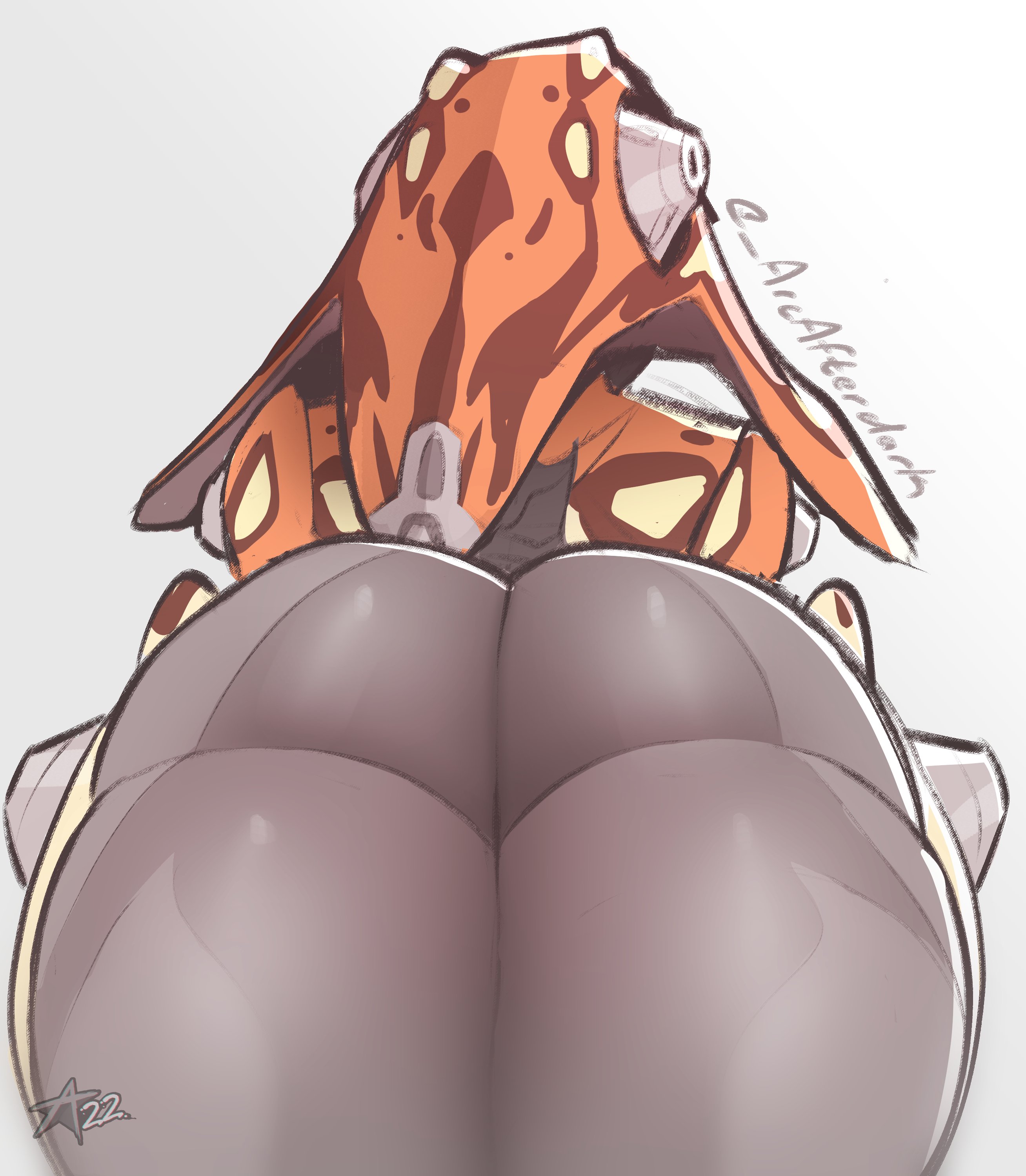 1girls, 2d, arcafterdark, ass, ass focus, big ass, butt focus, female, huge ass, huge thighs, ivara (warframe), lying, on front, rear view, simple background, solo, solo female, thick thighs, warframe