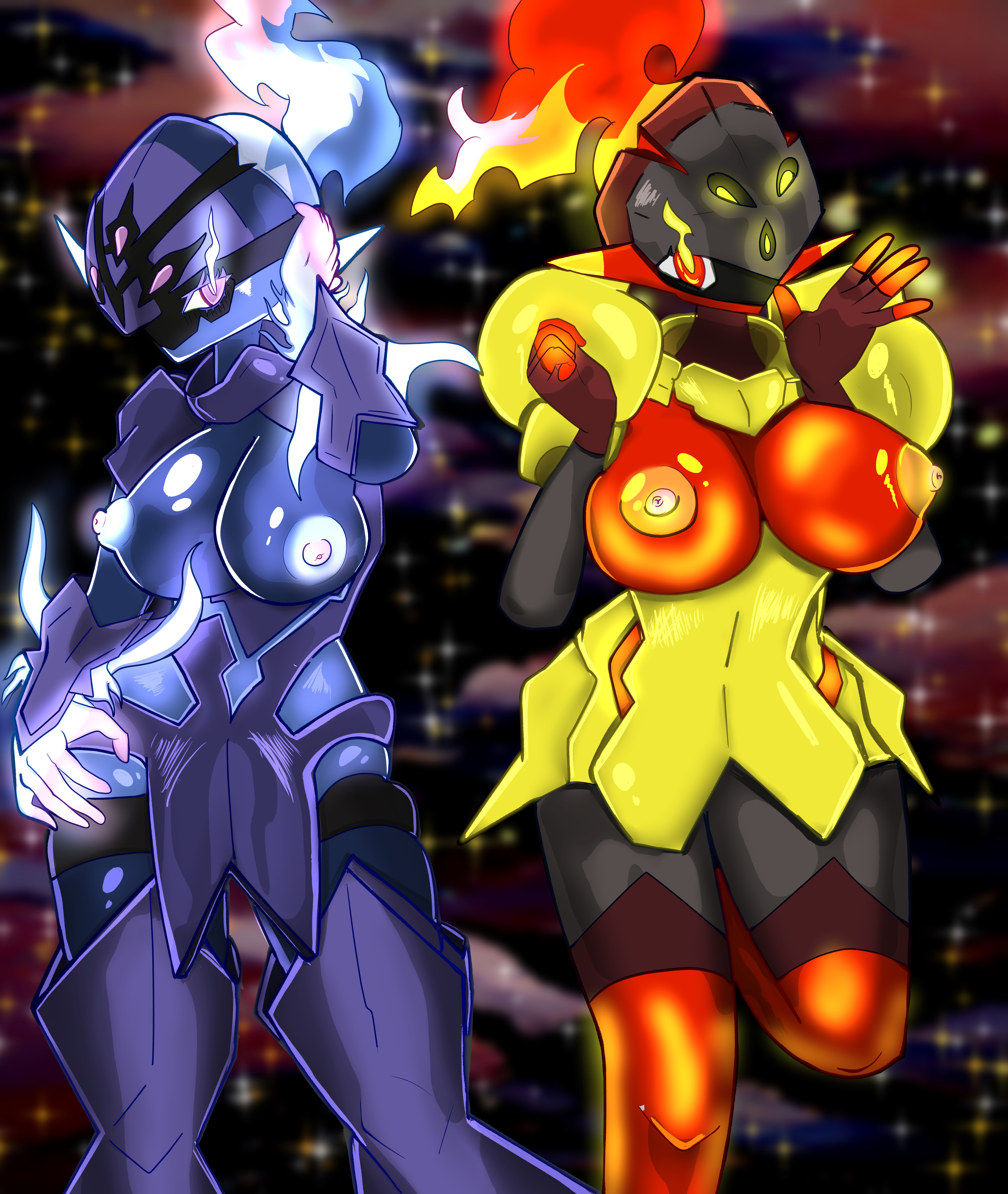 2girls, armarouge, armor, armor removed, armored boots, armored dress, breasts, ceruledge, female, female focus, female only, glowing nipples, huge breasts, large breasts, multiple females, multiple girls, nipples, pokémon (species), pokemon, pokemon (species), pokemon sv, tynote