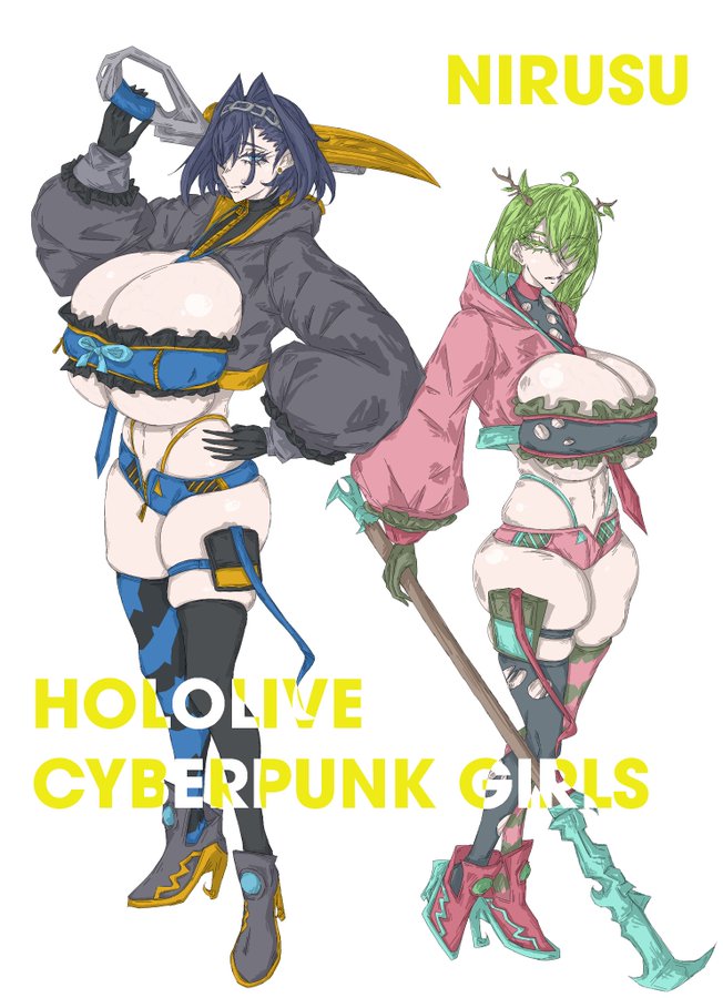 big_breasts ceres_fauna cleavage clothed clothing hololive hololive_english hololive_english_-council- hololive_english_-promise- huge_breasts large_breasts nirusu nirusu69 ouro_kronii pale-skinned_female pale_skin slutty_outfit virtual_youtuber vtuber weapon weapons white_background