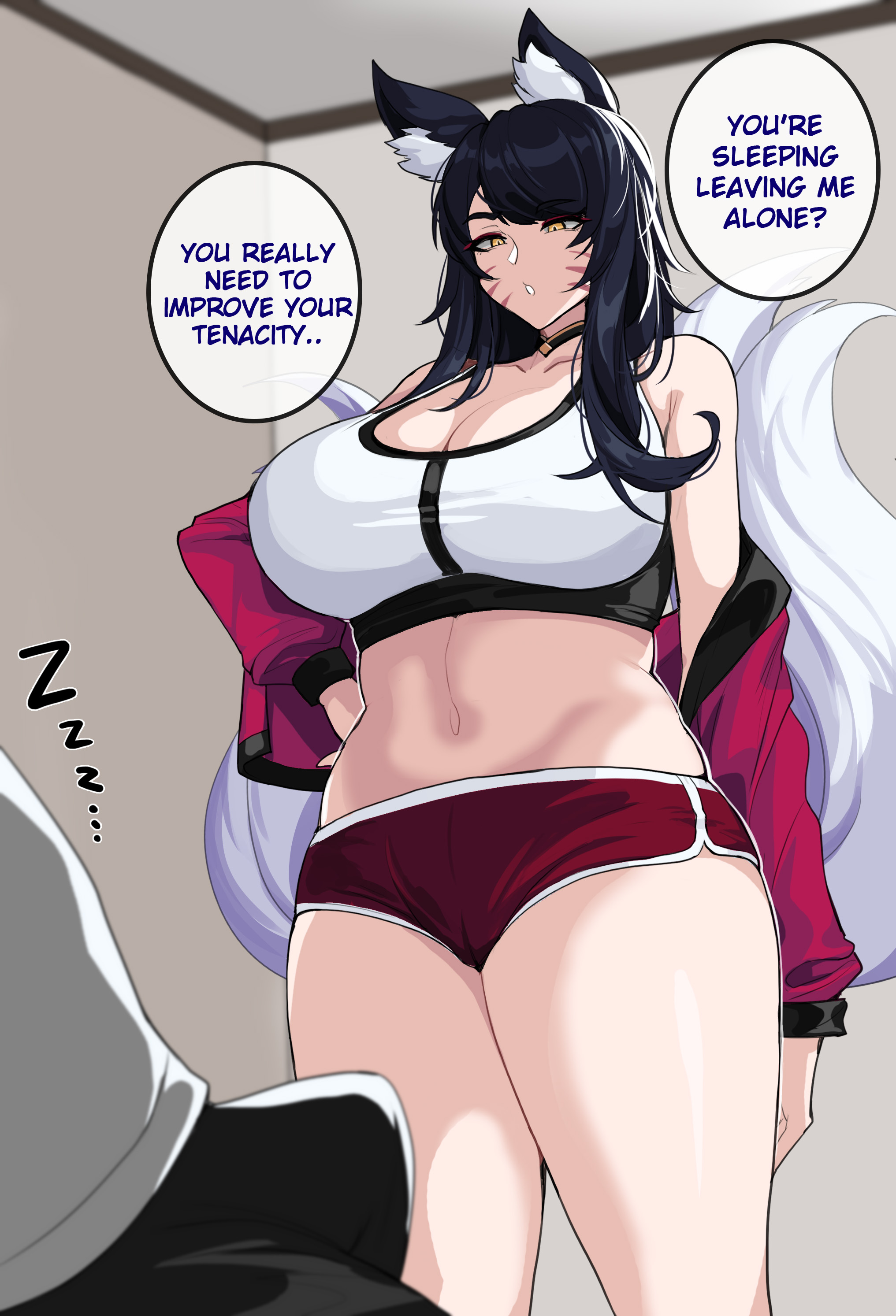 1boy, 1girls, ahri, animal ear fluff, animal ears, animal girl, big breasts, black hair, breasts, busty, child bearing hips, cleavage, clothing, color, curvaceous, curves, curvy, curvy body, curvy female, curvy figure, curvy hips, dialogue, dolphin shorts, drogod (artist), english text, erect penis, erection, eyelashes, eyeliner, eyeshadow, facial markings, female, fluffy, fluffy ears, fluffy tail, fluffy tails, fox, fox ears, fox girl, fox tail, furry tail, glistening, glistening body, glistening hair, glistening skin, hips, hourglass figure, huge breasts, humanoid, inner ear fluff, kemonomimi, kitsune, large breasts, league of legends, light skin, light-skinned female, long hair, male, male/female, massive breasts, multi tail, nine tailed fox, pale skin, pale-skinned female, penis, riot games, straight, tail, text, thick thighs, thighs, translated, uncensored, variant, vastaya, video games, voluptuous, wide hips, yellow eyes