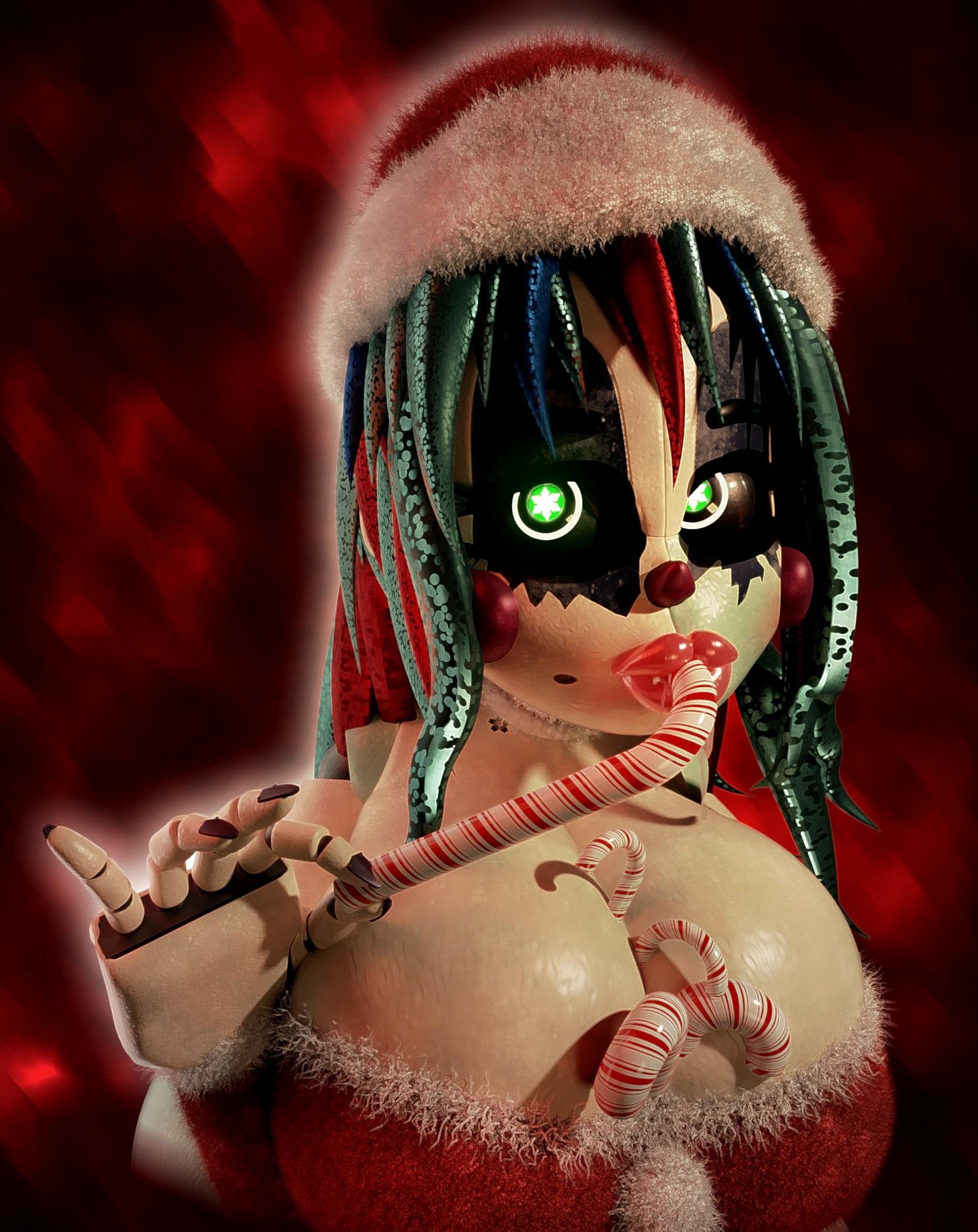3d, 3d (artwork), anthro, baby (fnafsl), candy cane, candy cane in mouth, christmas, christmas outfit, circus baby, circus baby (fnaf), female, five nights at freddy's, five nights at freddy's: sister location, fnaf, freddy fazbear's pizzeria simulator, looking at viewer, rckke, robot, scrap baby, scrap baby (fnaf), scrap baby (rckke), sister location, solo