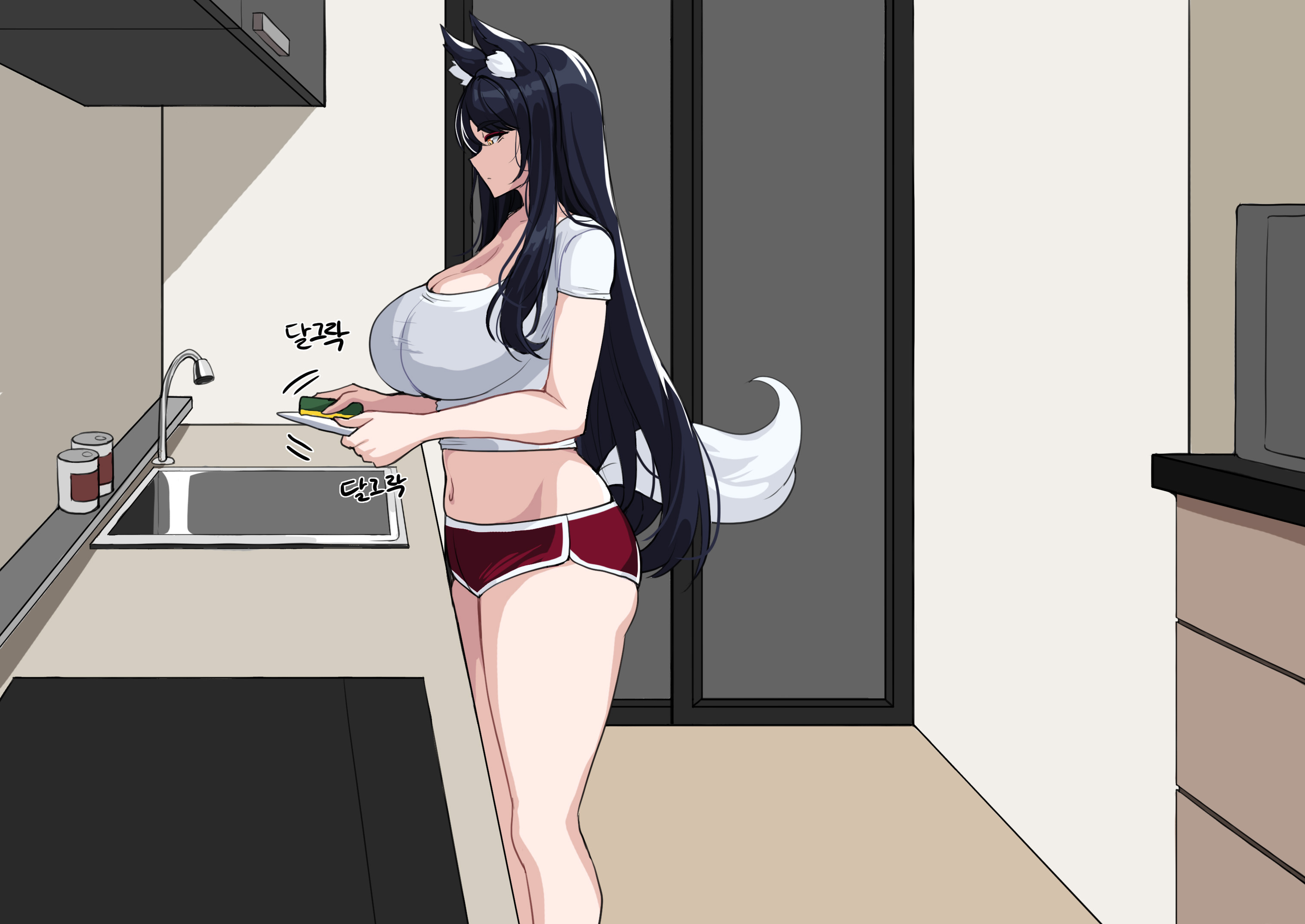 1girls, ahri, animal ear fluff, animal ears, animal girl, big breasts, black hair, breasts, busty, child bearing hips, cleavage, clothing, color, curvaceous, curves, curvy, curvy body, curvy female, curvy figure, curvy hips, dialogue, dolphin shorts, drogod (artist), eyelashes, eyeliner, eyeshadow, facial markings, female, female only, fluffy, fluffy ears, fluffy tail, fluffy tails, fox, fox ears, fox girl, fox tail, furry tail, glistening body, glistening hair, glistening skin, hips, hourglass figure, huge breasts, humanoid, inner ear fluff, kemonomimi, kitsune, large breasts, league of legends, light skin, light-skinned female, long hair, massive breasts, multi tail, nine tailed fox, pale skin, pale-skinned female, riot games, solo, tail, thick thighs, thighs, translated, uncensored, variant, vastaya, video games, voluptuous, wide hips, yellow eyes