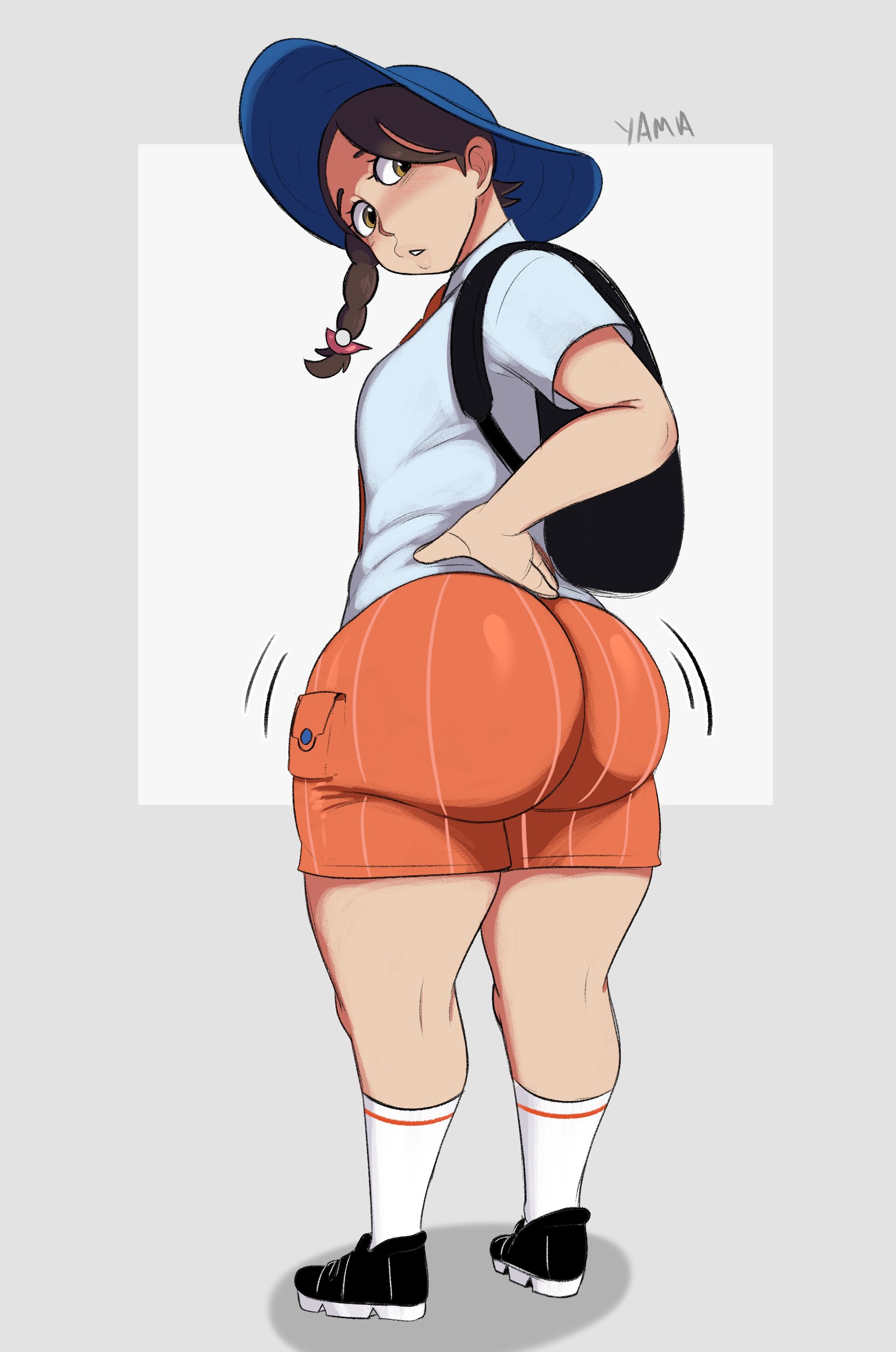 1girls, artist signature, ass, ass focus, back, back view, big ass, braided hair, breasts, brown eyes, brown hair, bubble ass, bubble butt, female, game freak, hat, hi res, hips, juliana (pokemon), light skin, light-skinned female, long hair, nintendo, perky breasts, pokemon, pokemon sv, school uniform, schoolgirl, short shorts, shorts, simple background, thick thighs, thighs, wide hips, yamathegod