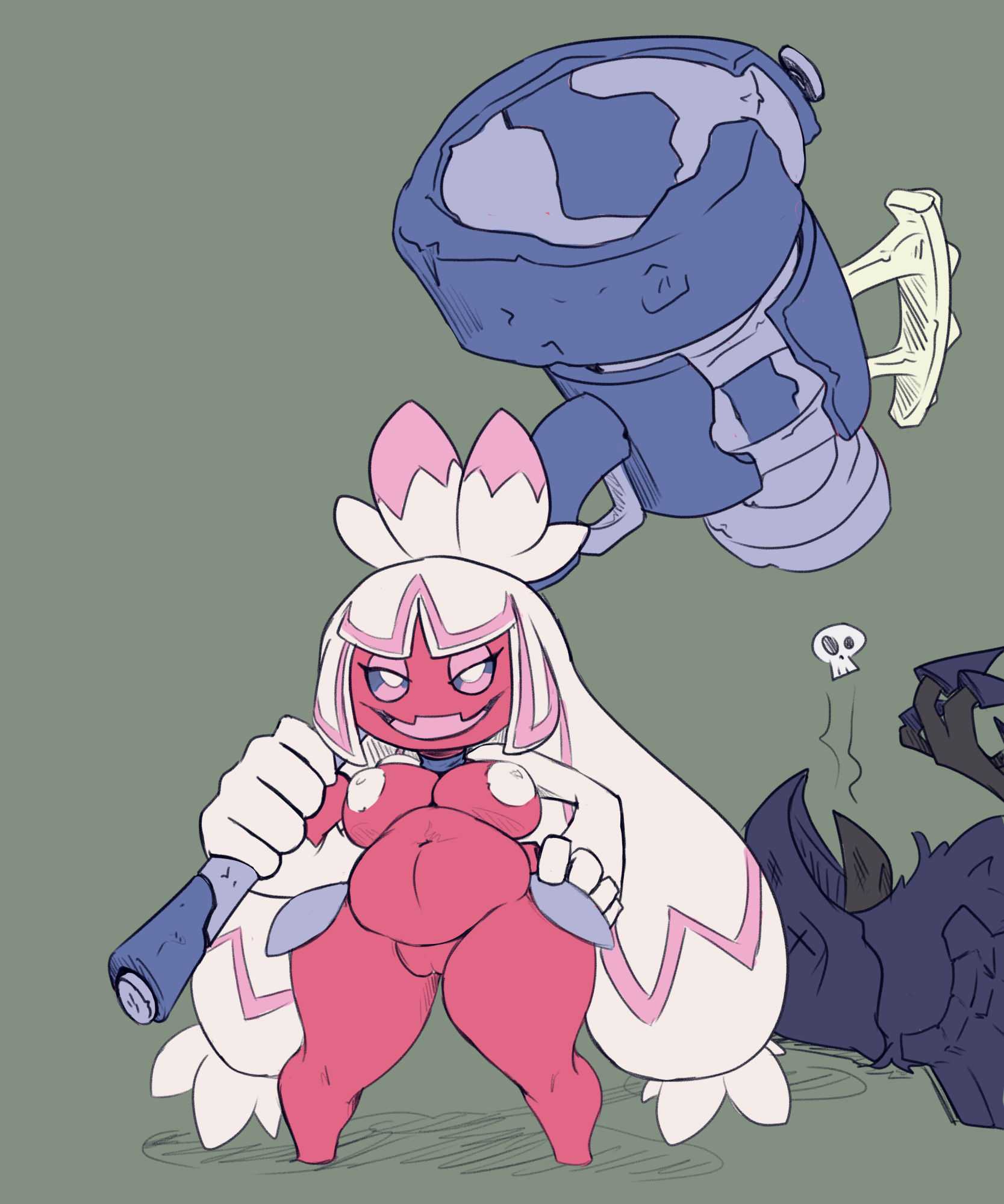 belly, big breasts, breasts, chubby, corviknight, female, half-closed eyes, hammer, hand on hip, holding weapon, humanoid, imric1251, long hair, nintendo, nipples, nude, open mouth, open smile, pink body, pink skin, pokémon (species), pokemon, pokemon (species), pokemon sv, pussy, shortstack, simple background, smile, standing, thick thighs, tinkaton, video games, weapon, white nipples, wide hips