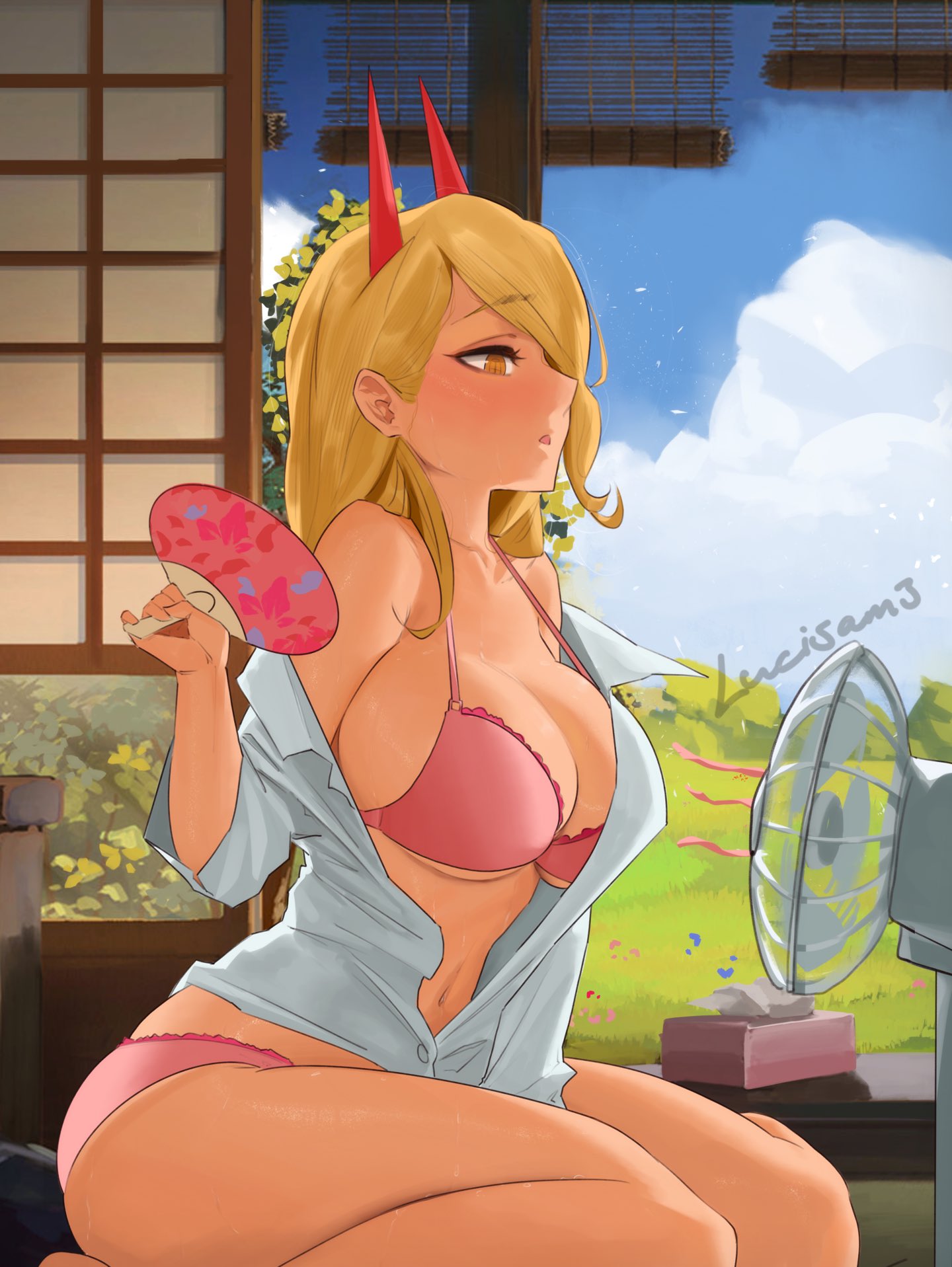 1girls, 2022, big breasts, blonde hair, breasts, chainsaw man, curvaceous, curvy figure, female, high resolution, highres, long hair, looking at viewer, lucisam, power (chainsaw man), tagme