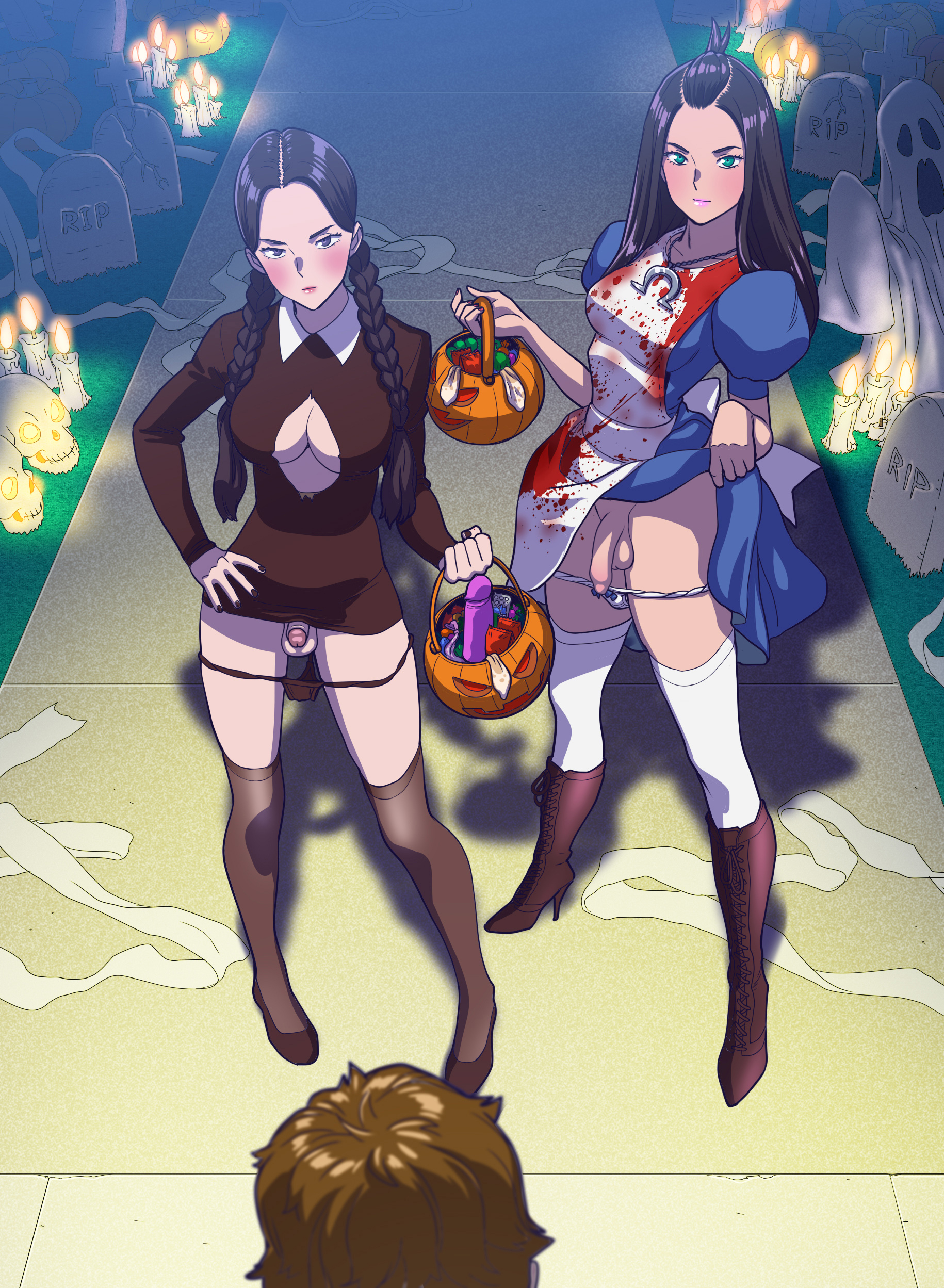 2futas, alice (madness returns), alice in wonderland, alice liddell, alice madness returns, american mcgee's alice, balls, black hair, blood, blood stain, bottomless, braid, breasts, brown hair, clothed, clothing, dress, dress lift, duo focus, edit, exposed penis, flaccid, full body, futa focus, futanari, halloween, high heel boots, high heels, human, intersex, light skin, light-skinned futa, long hair, looking at another, medium penis, mostly clothed, panties removed, penis, presenting penis, public, public exposure, pumpkin, red eyes, small penis, standing, tekuho, the addams family, the addams family (1964), thighhighs, third-party edit, trick or treat, twin braids, wednesday addams