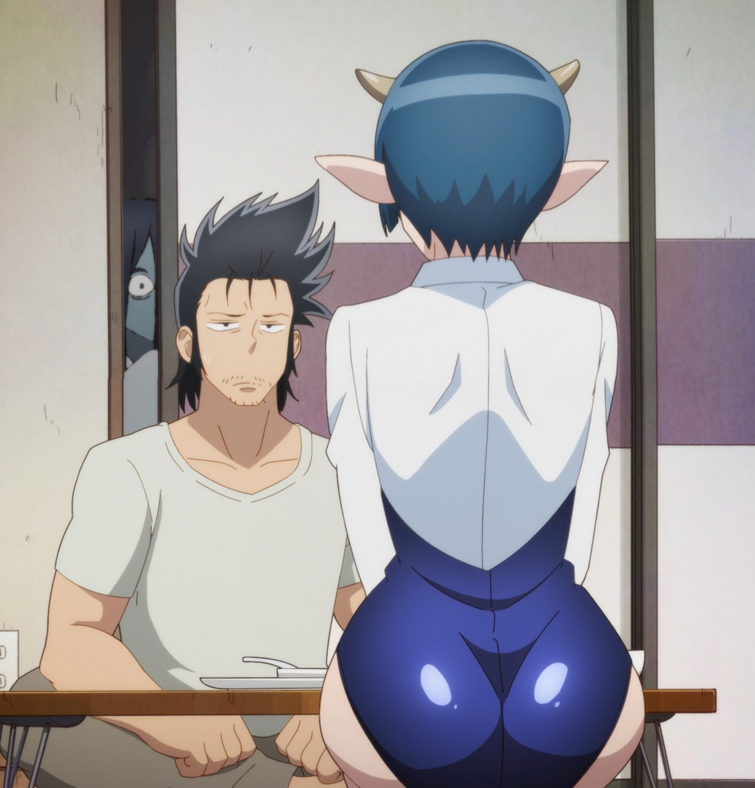 1boy, 2girls, ass, big ass, black hair, blue hair, blue one-piece swimsuit, collarbone, demon, demon girl, demon horns, fat ass, female, from behind, ghost girl, highres, horns, huge ass, long sleeves, lv1 maou to one room yuusha, male, multiple females, multiple girls, one-piece swimsuit, pointy ears, screencap, seiza, shirt, shirt under swimsuit, short hair, sitting, stitched, swimsuit, table, third-party edit, white shirt, zenia (lv1 maou to one room yuusha)