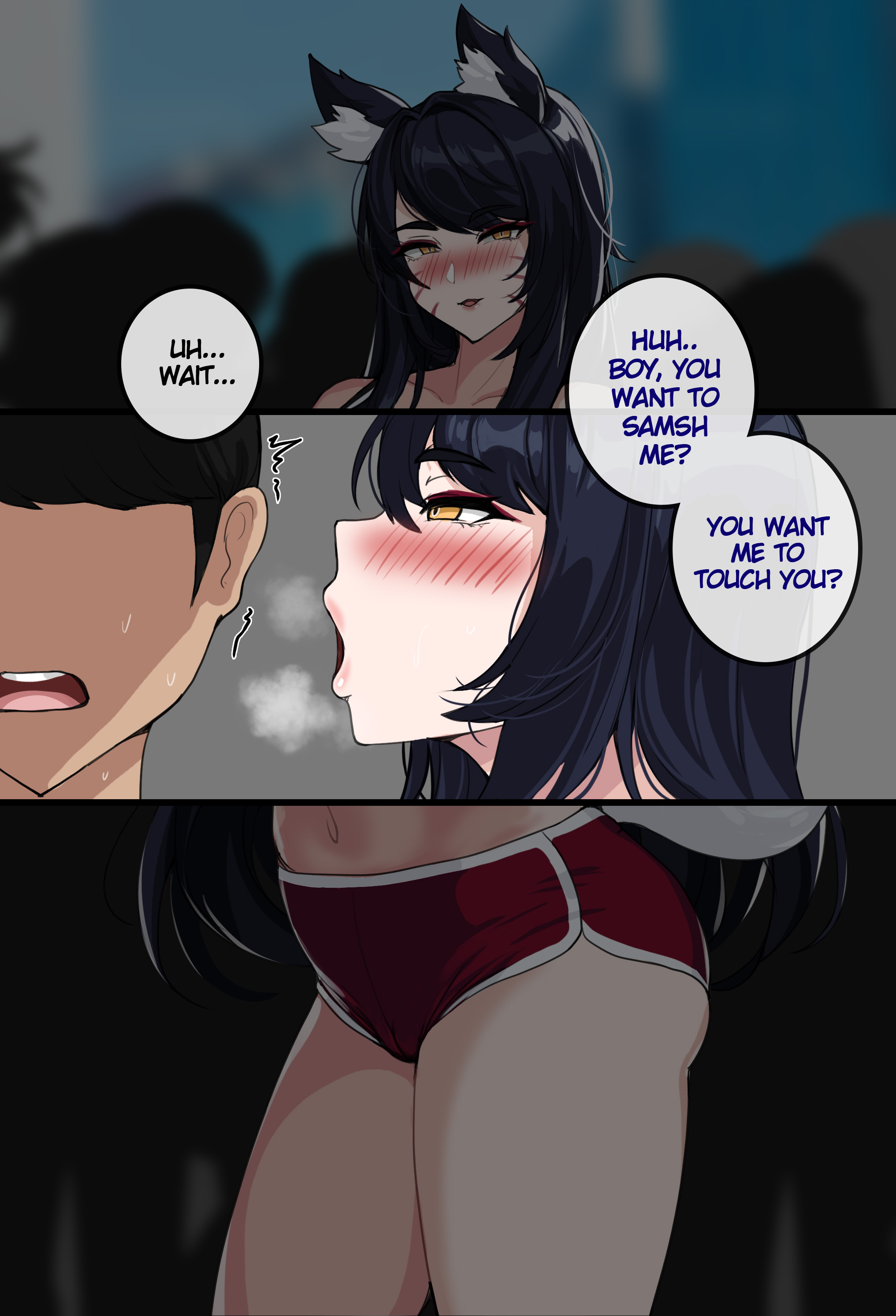 ahri, animal ear fluff, animal ears, animal girl, big breasts, black hair, breasts, busty, child bearing hips, cleavage, clothing, color, curvaceous, curves, curvy, curvy body, curvy female, curvy figure, curvy hips, dialogue, dolphin shorts, drogod (artist), english text, eyelashes, eyeliner, eyeshadow, facial markings, female, fluffy, fluffy ears, fluffy tail, fluffy tails, fox, fox ears, fox girl, fox tail, furry tail, glistening, glistening body, glistening hair, glistening skin, hips, hourglass figure, huge breasts, humanoid, inner ear fluff, kemonomimi, kitsune, large breasts, league of legends, light skin, light-skinned female, long hair, male, massive breasts, multi tail, nine tailed fox, pale skin, pale-skinned female, riot games, tail, text, thick thighs, thighs, translated, uncensored, variant, vastaya, video games, voluptuous, wide hips, yellow eyes
