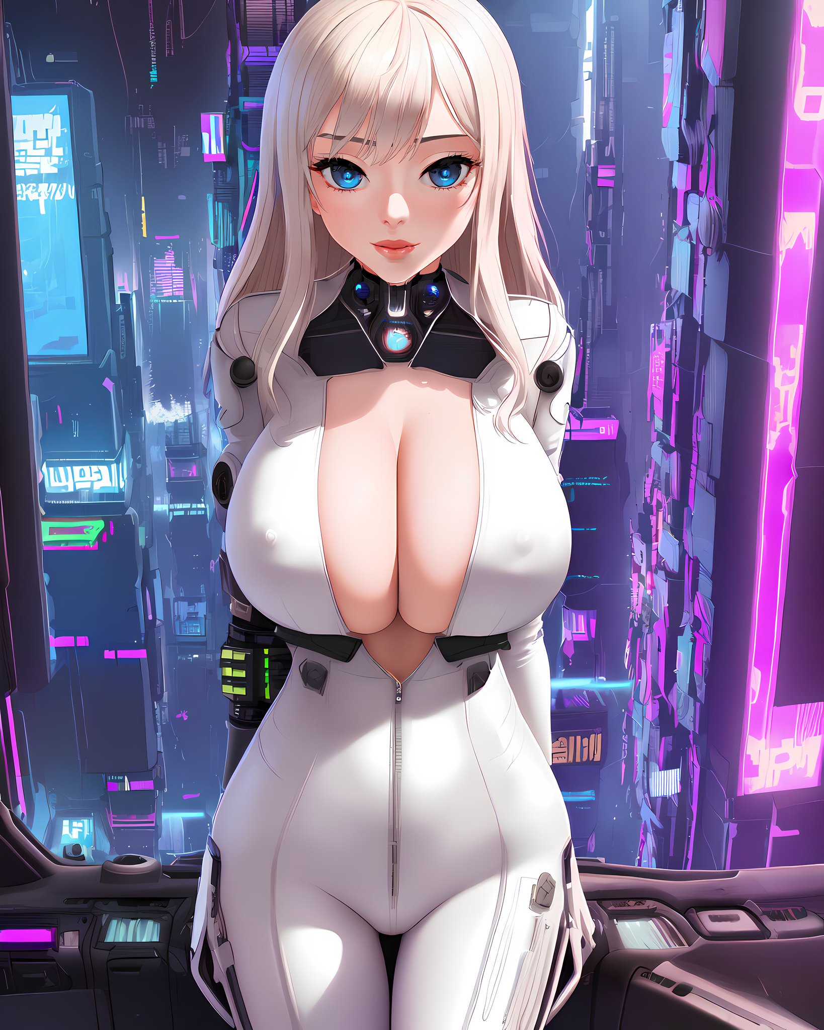 1girls, ai generated, bodysuit, city, erect nipples, female, female only, high resolution, highres, latex, latex suit, long hair, looking at viewer, nipple bulge, nipples, original, skin tight, solo, stable diffusion