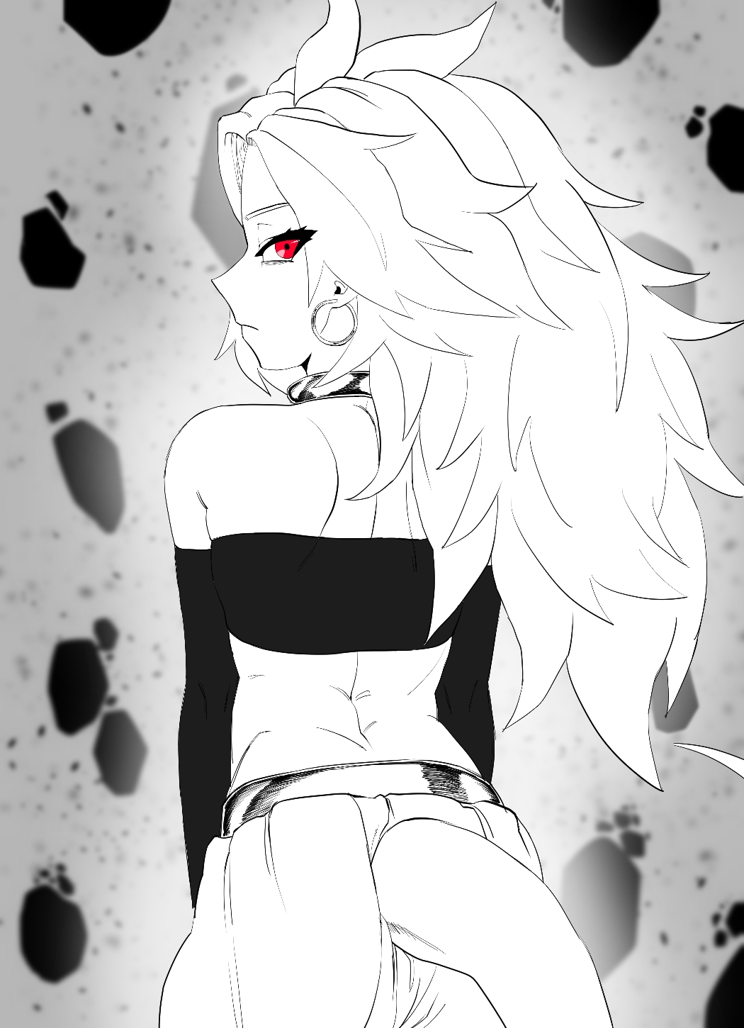 1girls, android 21, ass, back, bare shoulders, dragon ball, dragon ball fighterz, dragon ball z, ear, female, harem outfit, highres, jewelry, long hair, looking at viewer, looking back, majin android 21, necklace, pointy ears, red eyes, rock, solo, solo female, tail, zquung