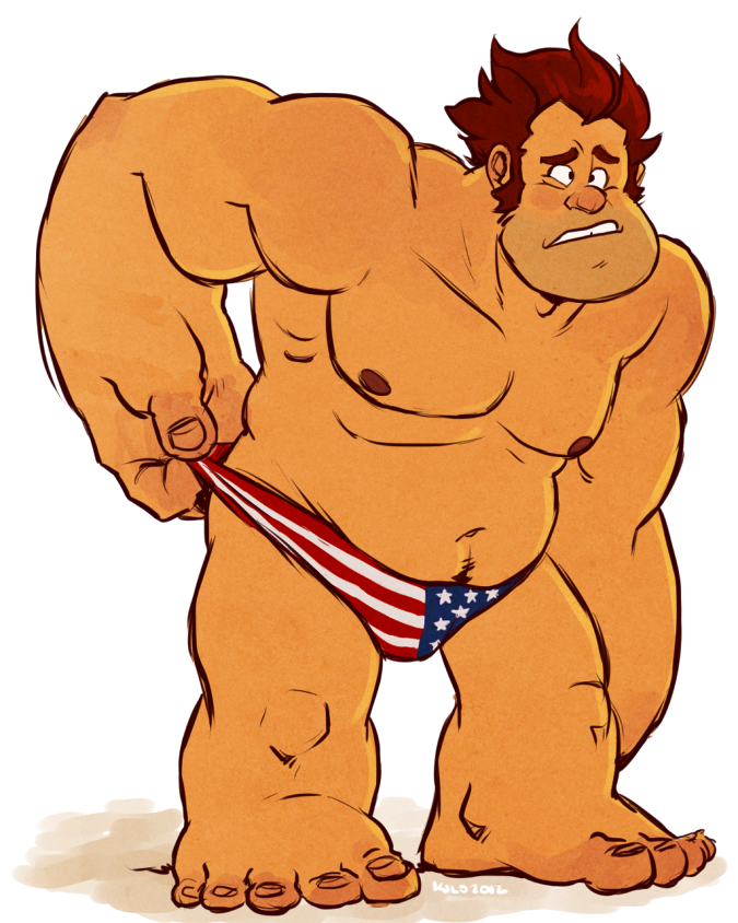 2012 american_flag_speedo beach brown_hair disney feet gay kilo-monster male_nipples male_only muscular_male ralph_(wreck-it_ralph) solo_male swimsuit tan tanned_skin uncomfortable wedgie white_background wreck-it_ralph