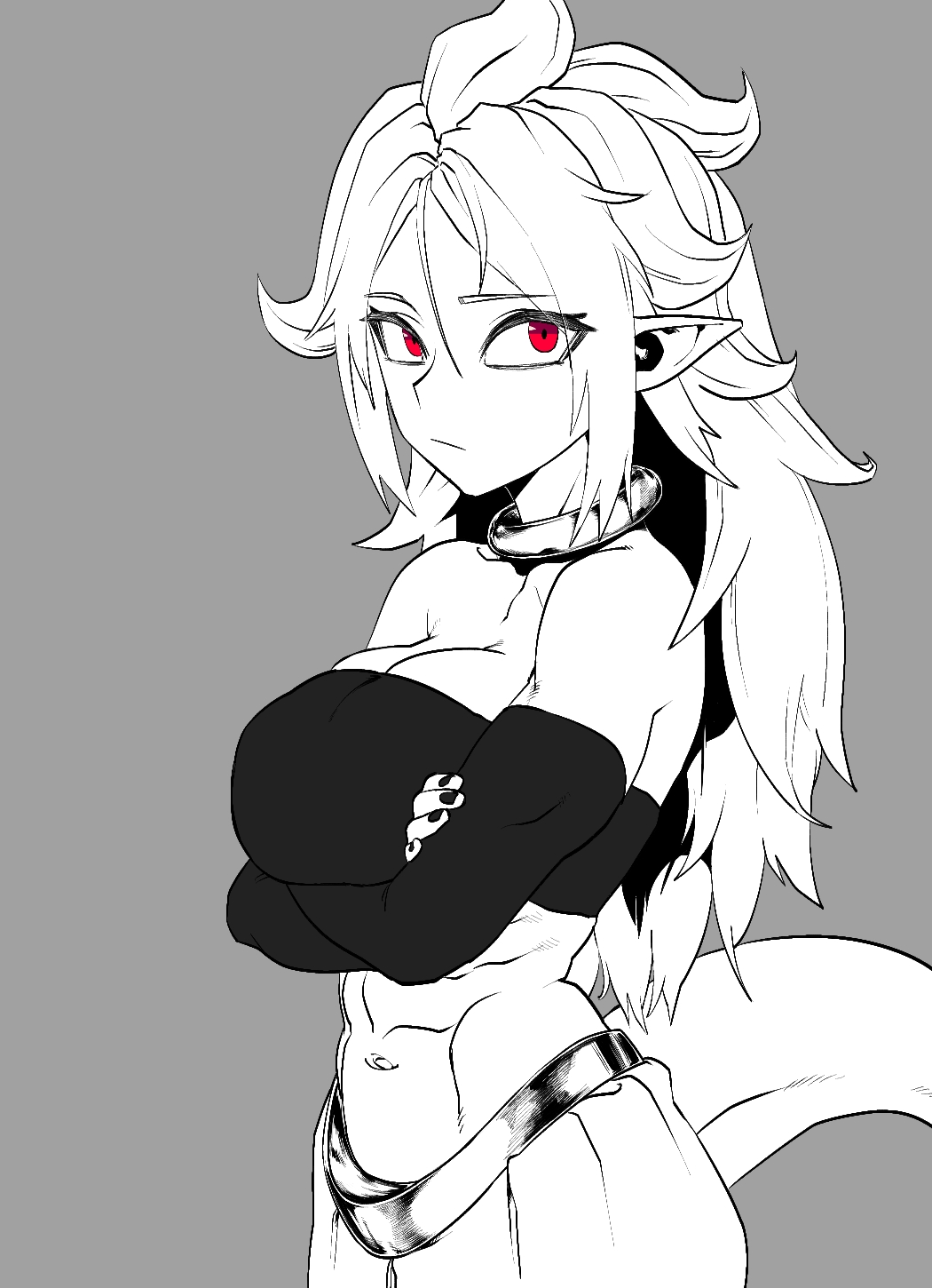 1girls, abs, android 21, arabian clothes, belly button, bracelet, breasts, crossed arms, dragon ball, dragon ball fighterz, dragon ball z, female, harem outfit, highres, jewelry, large breasts, looking at viewer, majin android 21, muscular, muscular female, navel, necklace, pointy ears, red eyes, six pack, solo, solo female, tail, zquung