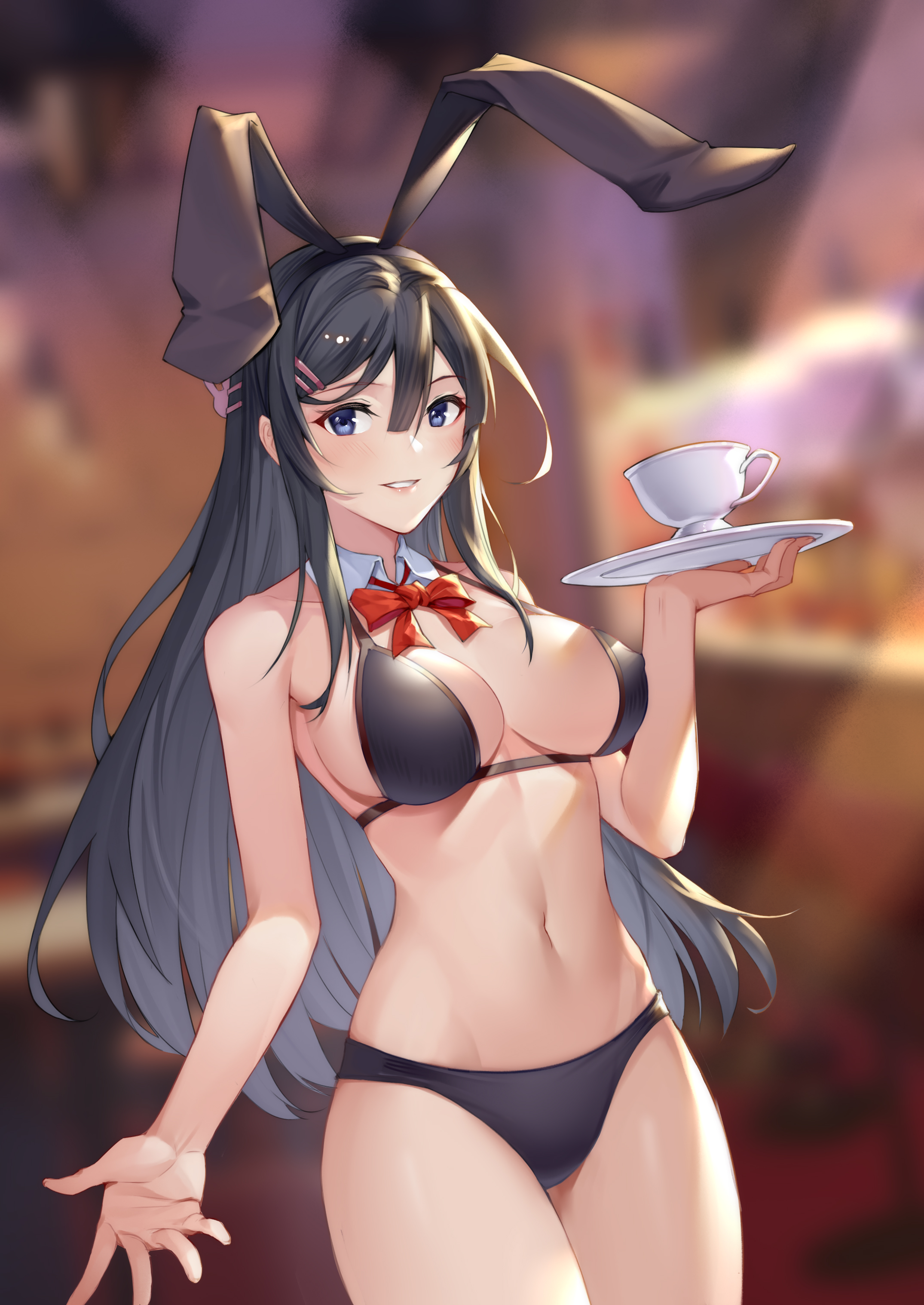 1girls, absurd res, absurdres, animal ears, bare arms, bare shoulders, belly, belly button, bikini, black bikini, black hair, blue eyes, blurry, blurry background, blush, blush lines, blushing at viewer, bow, bowtie, breasts, bunny ears, cleavage, cowboy shot, cup, depth of field, detached collar, fake animal ears, female, female focus, female only, groin, hair ornament, hairclip, hand up, hi res, high resolution, highres, large breasts, light skin, light-skinned female, long hair, looking at viewer, navel, parted lips, rabbit ears, sakurajima mai, seishun buta yarou wa bunny girl senpai no yume wo minai, shiny, shiny clothes, shiny hair, shiny skin, solo, solo female, solo focus, standing, stomach, swimsuit, teacup, teeth, thighs, tray, yin lan xue