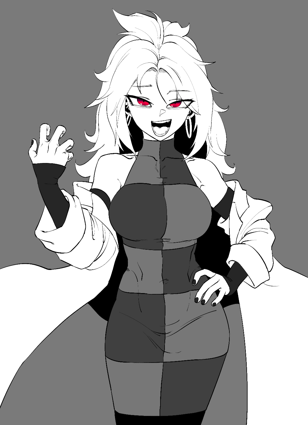 1girls, android 21, android 21 (human), bare shoulders, belly button visible through clothing, black nails, breasts, checkered clothes, covered navel, dragon ball, dragon ball fighterz, dragon ball z, female, highres, labcoat, large breasts, looking at viewer, nail polish, pose, red eyes, smile, solo, solo female, white hair, zquung