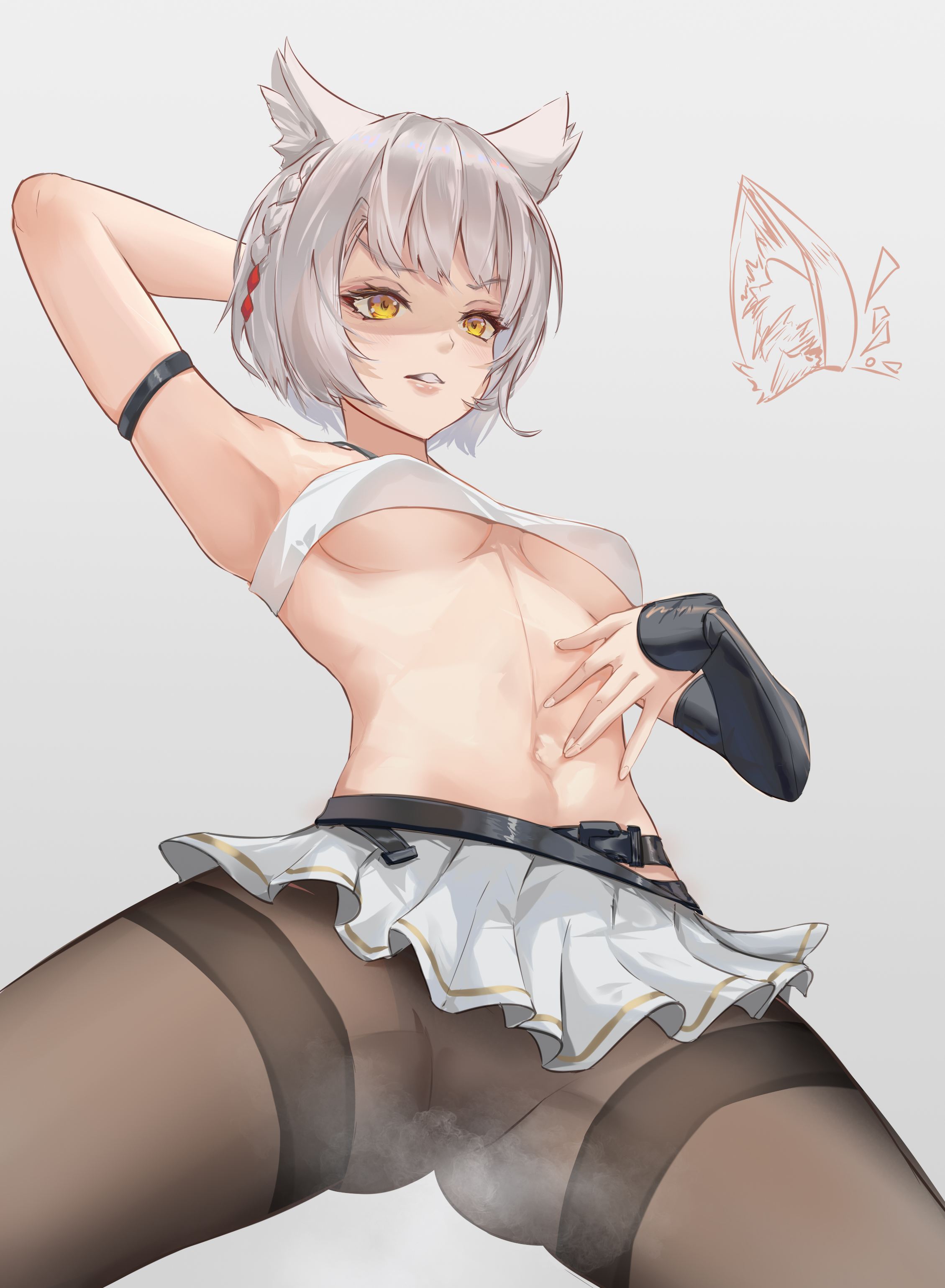 absurd res, armpits, arms up, black bra, black legwear, bra, braid, breasts, cat ears, cat girl, catgirl, cleavage, detached sleeves, elbow gloves, female, fingerless gloves, gloves, highres, legwear, medium breasts, midriff, mio (xenoblade), navel, nintendo, pantyhose, shirt lift, short hair, silver hair, skirt, smile, spray xanadu, sweat, tank top, thick thighs, thighs, tights, underboob, white skirt, white tank top, xenoblade (series), xenoblade chronicles 3, yellow eyes