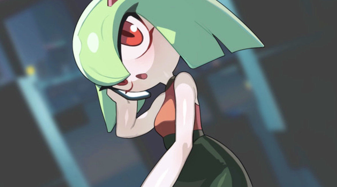 detailed background, dress, drunkoak, female, female focus, female only, green hair, kirlia, long eyelashes, nintendo, pokémon (species), pokemon, pokemon (species), red eyes