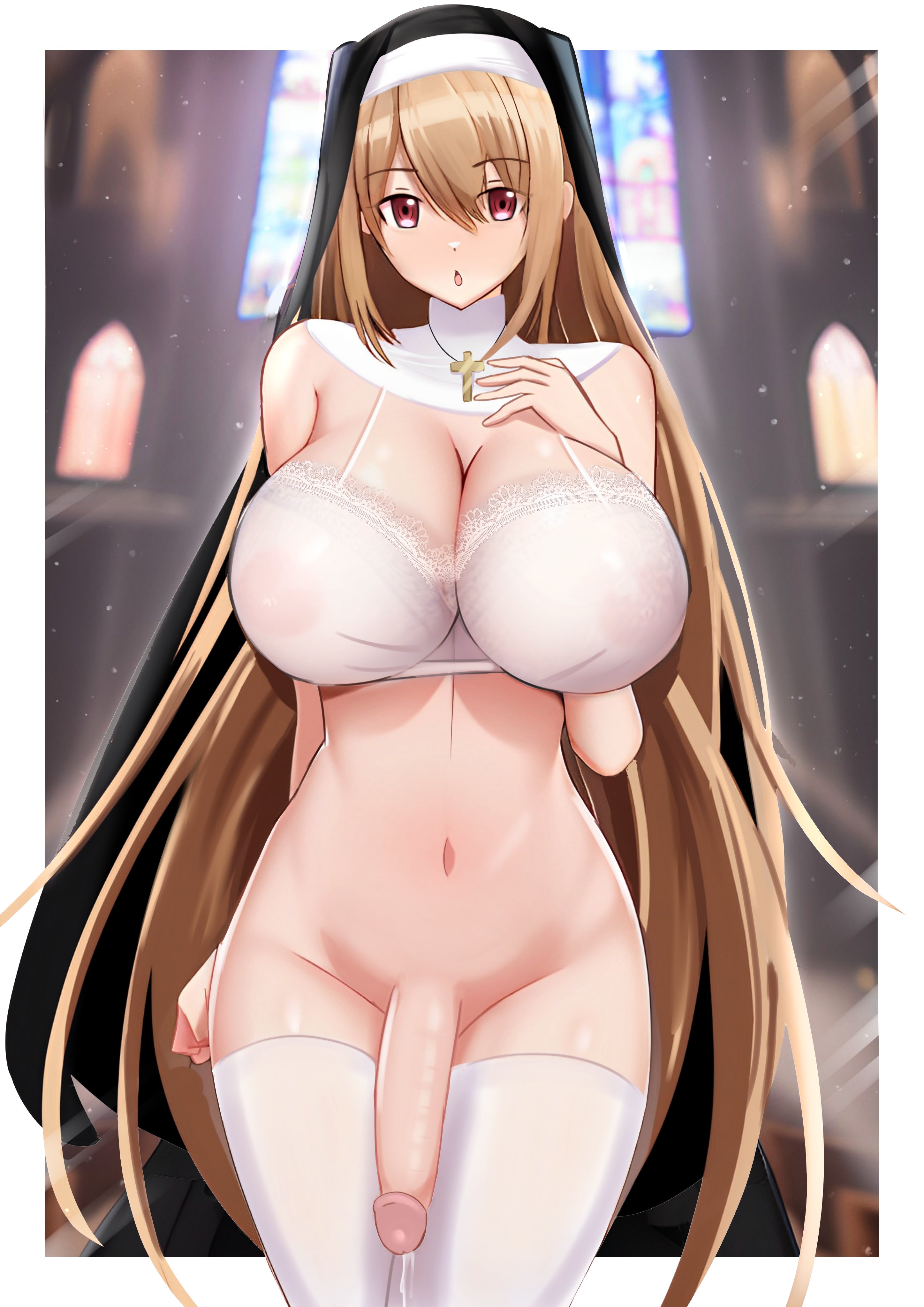 1futa, 2022, big breasts, big penis, blonde hair, bottomless, breasts, clothed, clothing, erect penis, erection, futa only, futanari, huge breasts, human, intersex, light skin, light-skinned futa, long hair, mostly nude, nun, penis, precum, solo, solo futa, standing, thighhighs, yoshiwo senpai