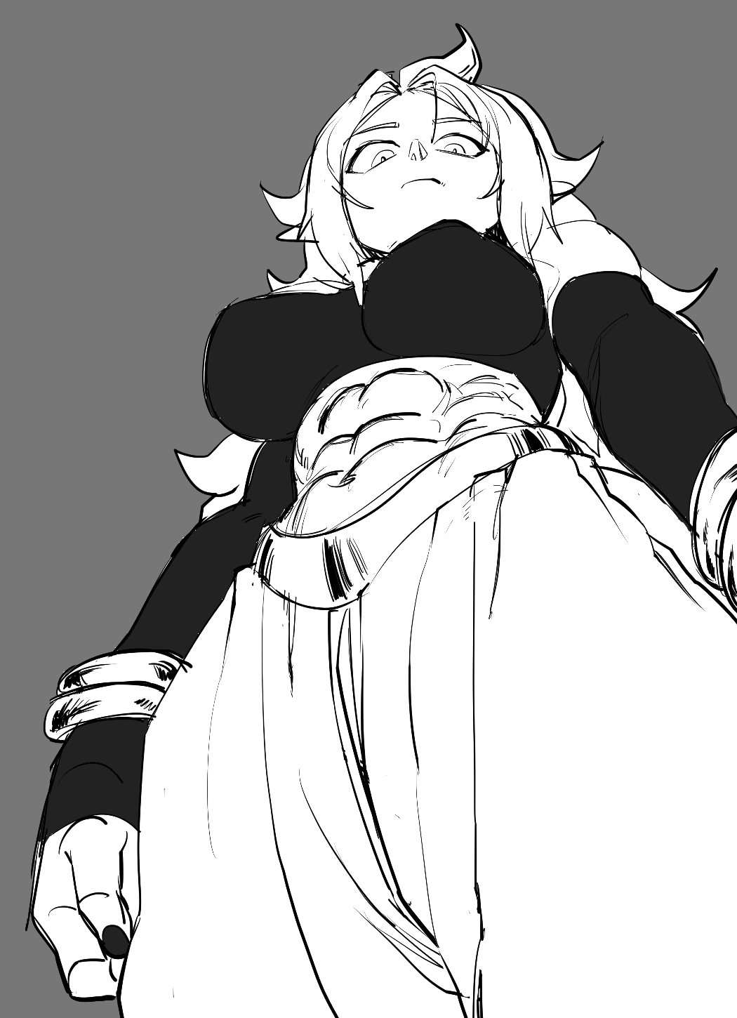 1girls, abs, android 21, arabian clothes, bare shoulders, belly button, black nails, bracelet, breasts, dragon ball, dragon ball fighterz, dragon ball z, female, harem outfit, highres, jewelry, looking at viewer, looking down, majin android 21, medium breasts, monochrome, muscular, muscular arms, muscular female, navel, six pack, solo, solo female, tail, zquung