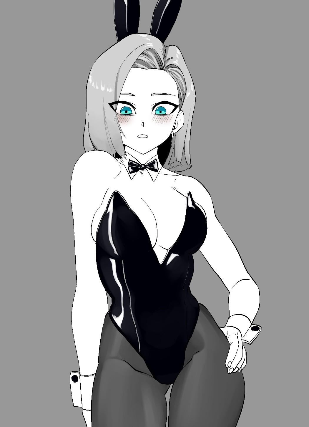 1girls, android 18, animal costume, bare shoulders, blue eyes, blush, blushing, breasts, dragon ball, dragon ball z, embarrassed, female, female focus, highres, large breasts, medium breasts, rabbit costume, rabbit ears, solo, solo female, zquung