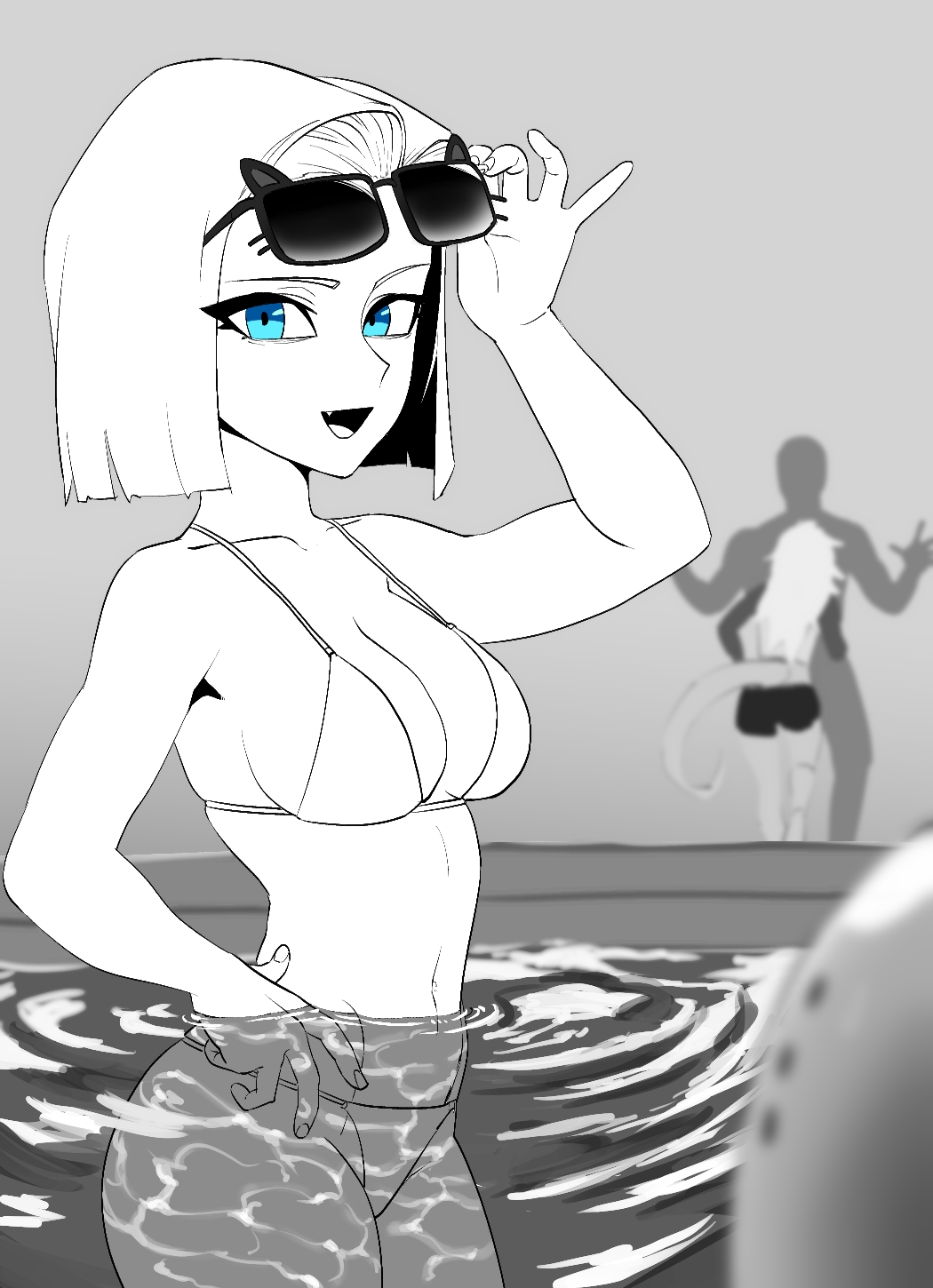 2boys, 2girls, android 18, android 21, bikini, blue eyes, breasts, costume, dragon ball, dragon ball fighterz, dragon ball z, female, fingers, glasses, glasses on head, highres, krillin, kuririn, looking at viewer, majin android 21, male, medium breasts, multiple boys, multiple females, multiple girls, multiple males, navel, pointy ears, pool, poolside, smile, sunglasses, swimsuit, tail, wading, zquung