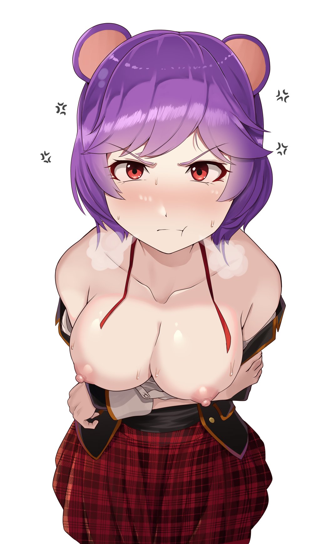 animal_ears annoyed beacon_academy_uniform breasts faunus looking_at_viewer looking_up nico-mo oc open_jacket open_shirt pout pov purple_hair red_eyes rwby skirt tagme